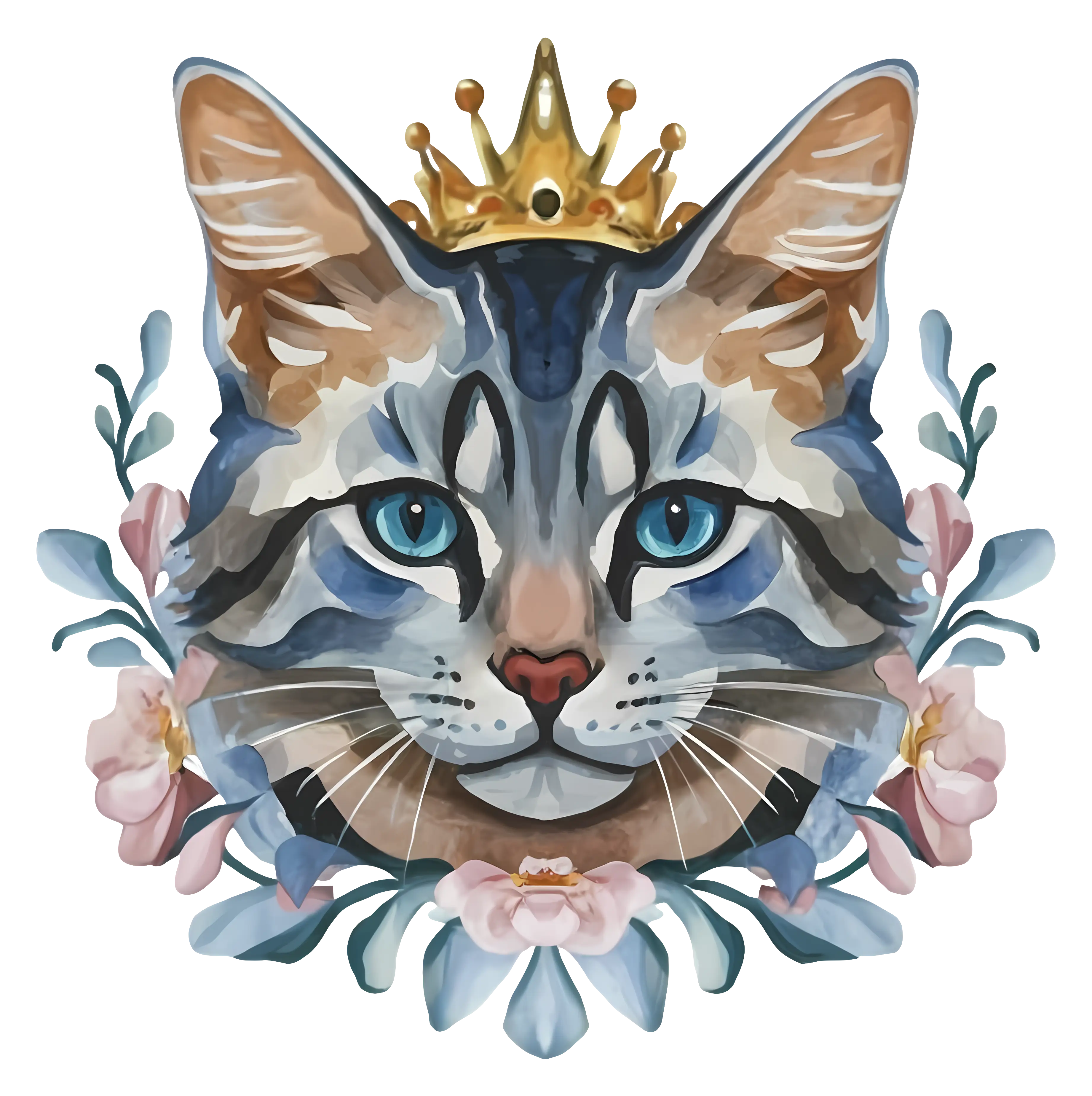 Royal Cat with Crown and Flowers