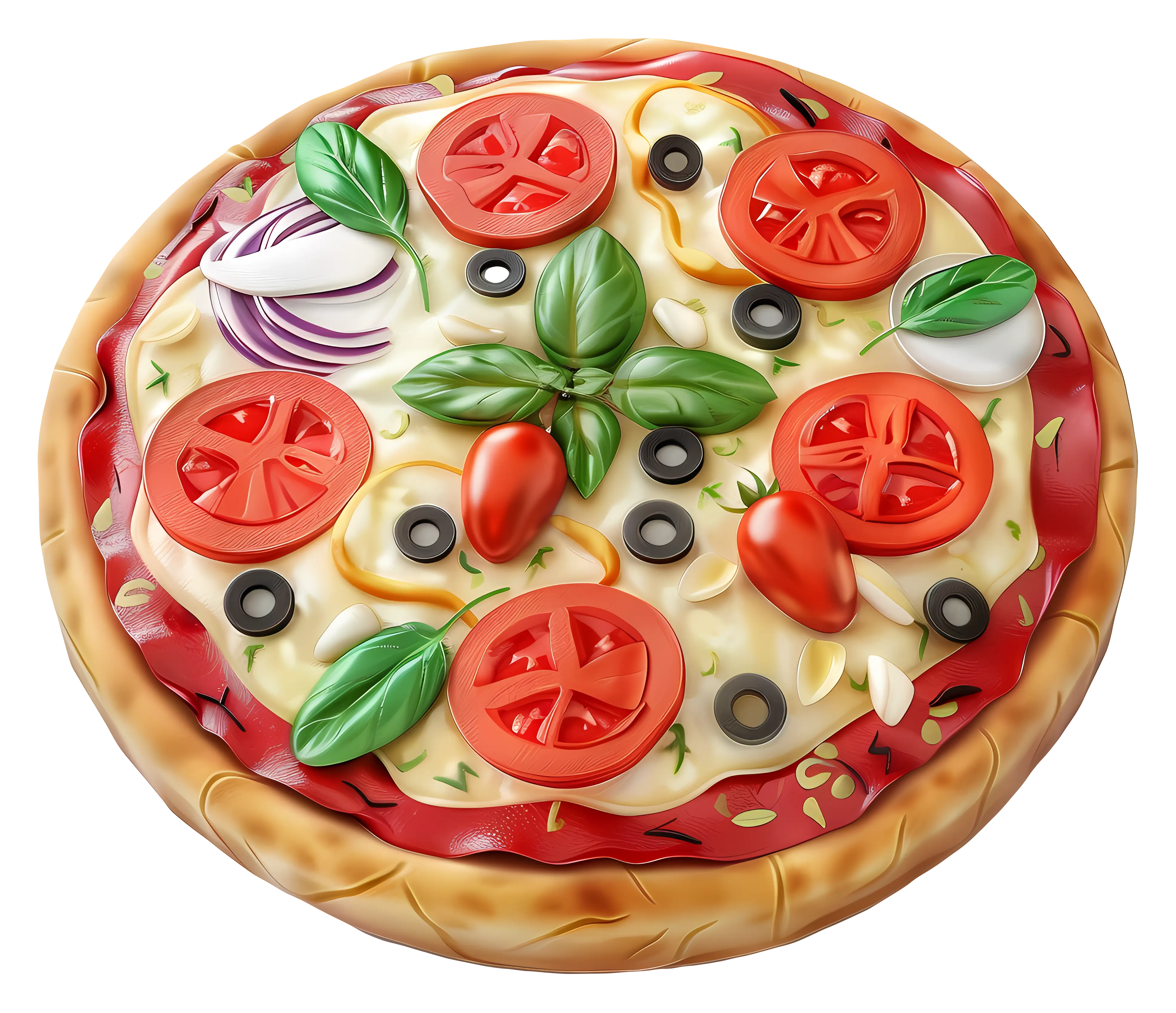 Colorful Pizza with Toppings and Basil Leaves