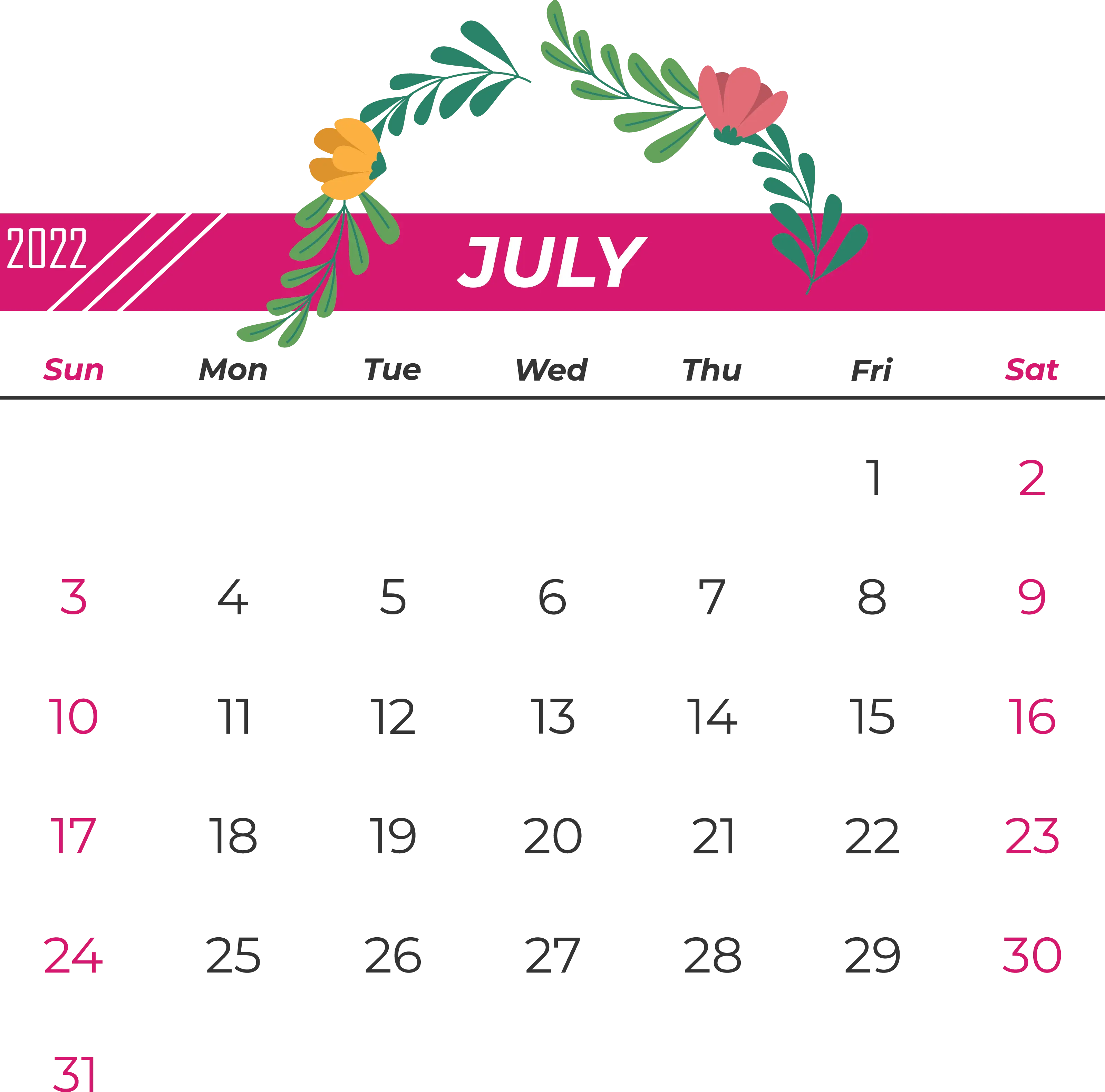 Floral July Calendar with Summer Patterns