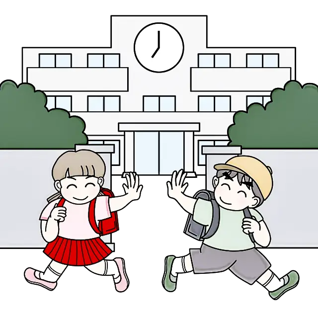 Students Waving in Front of a School Building Illustration