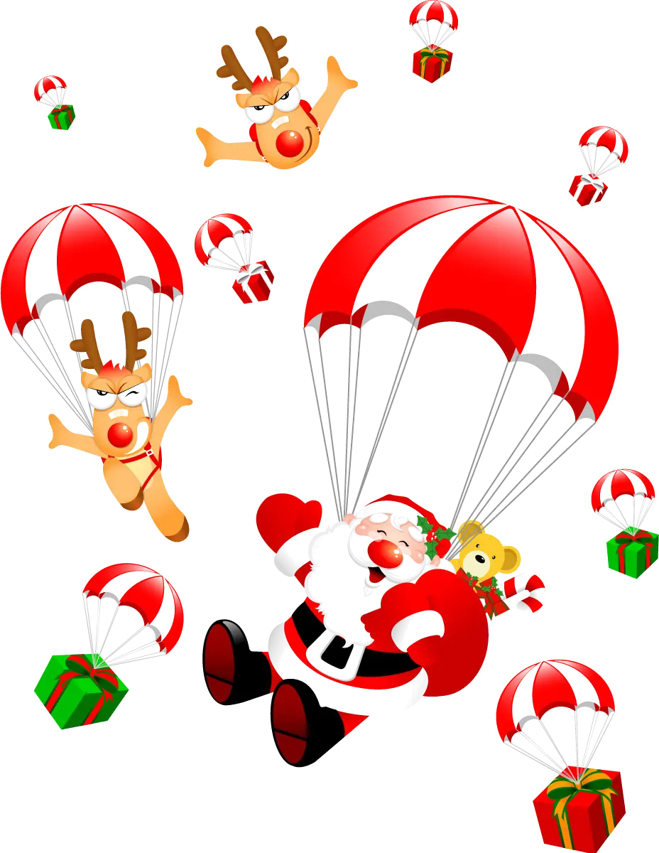 Santa Claus and Reindeer Parachuting