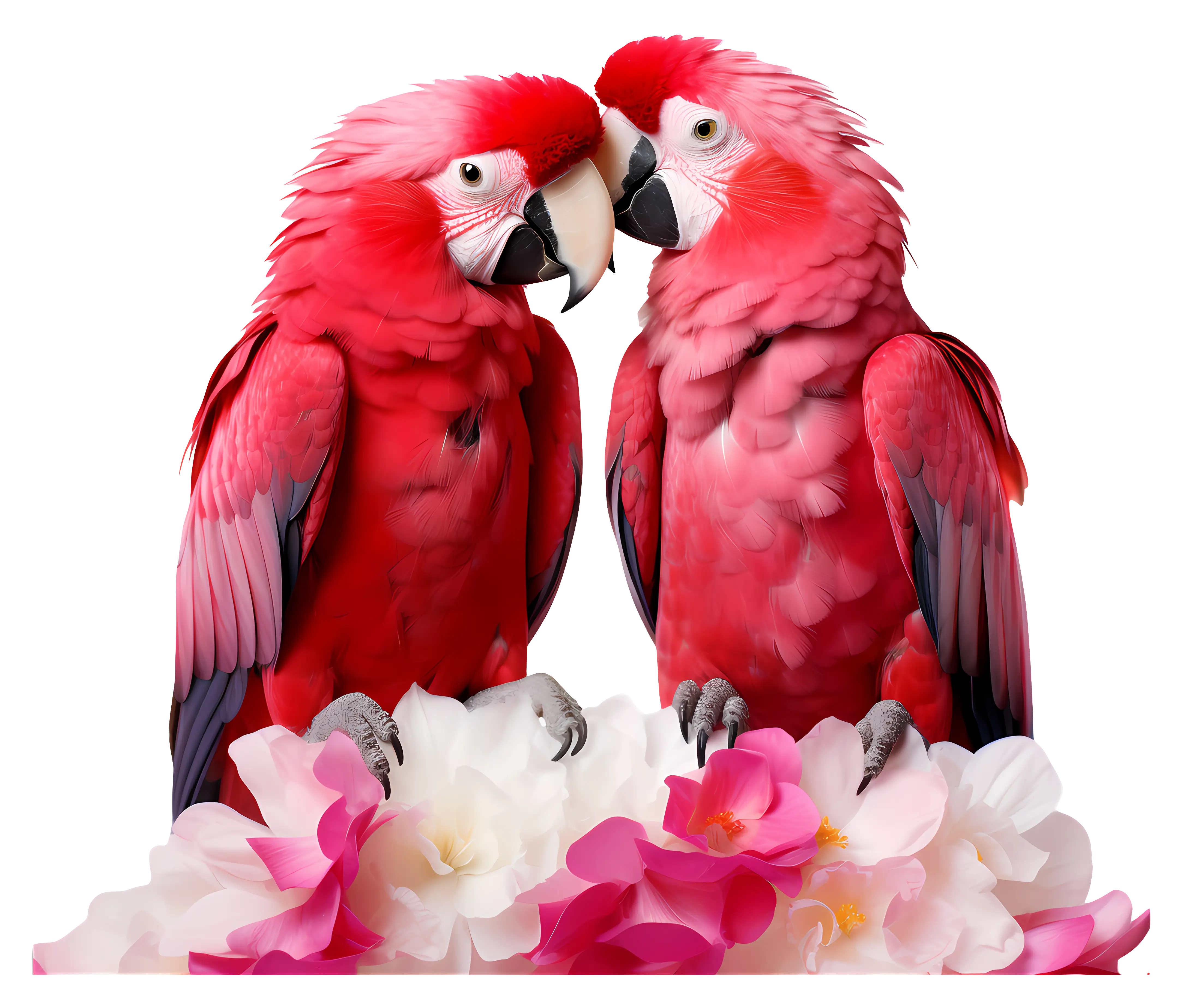 Two Red Parrots with Flowers