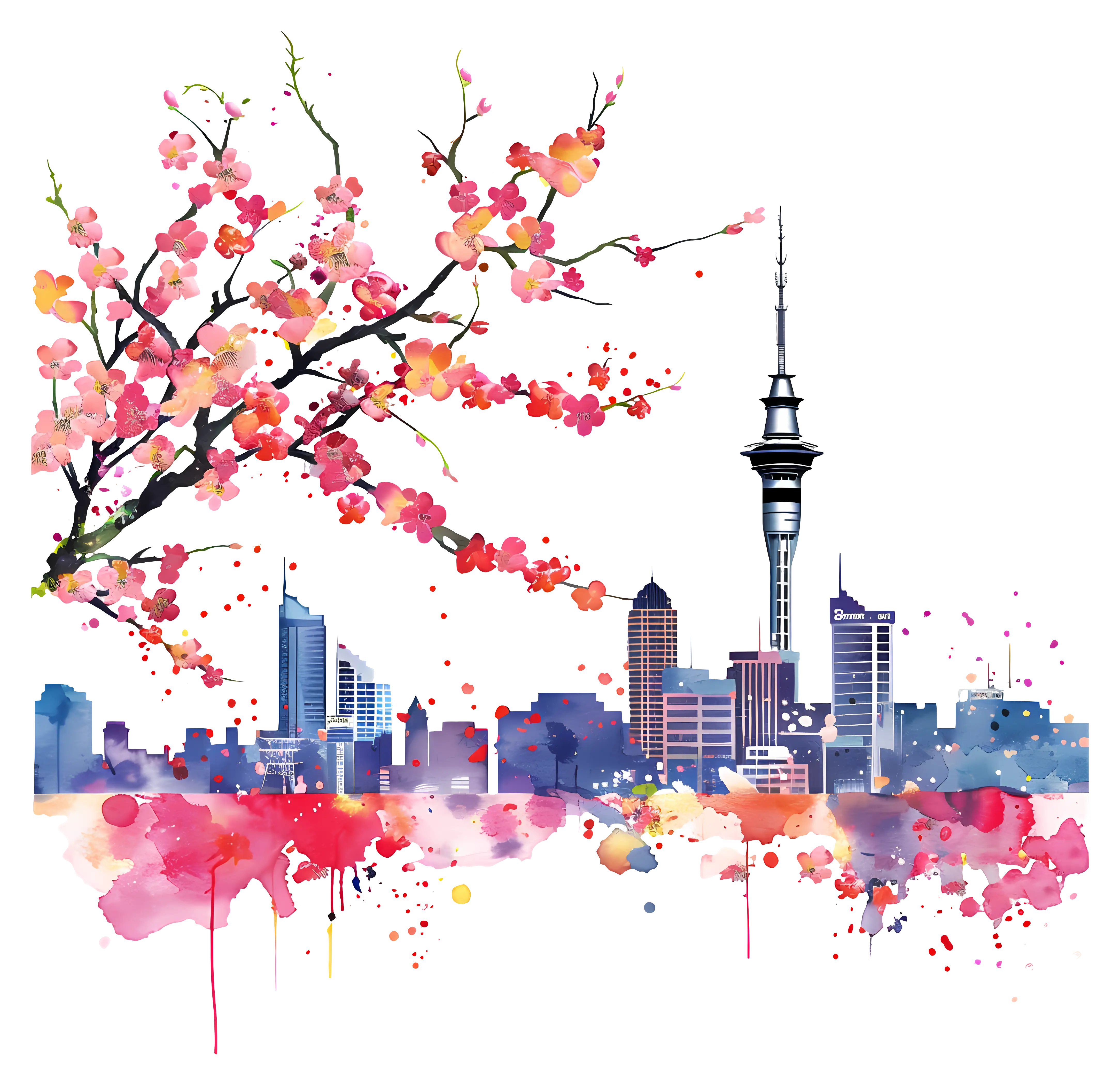 City Skyline with Cherry Blossoms