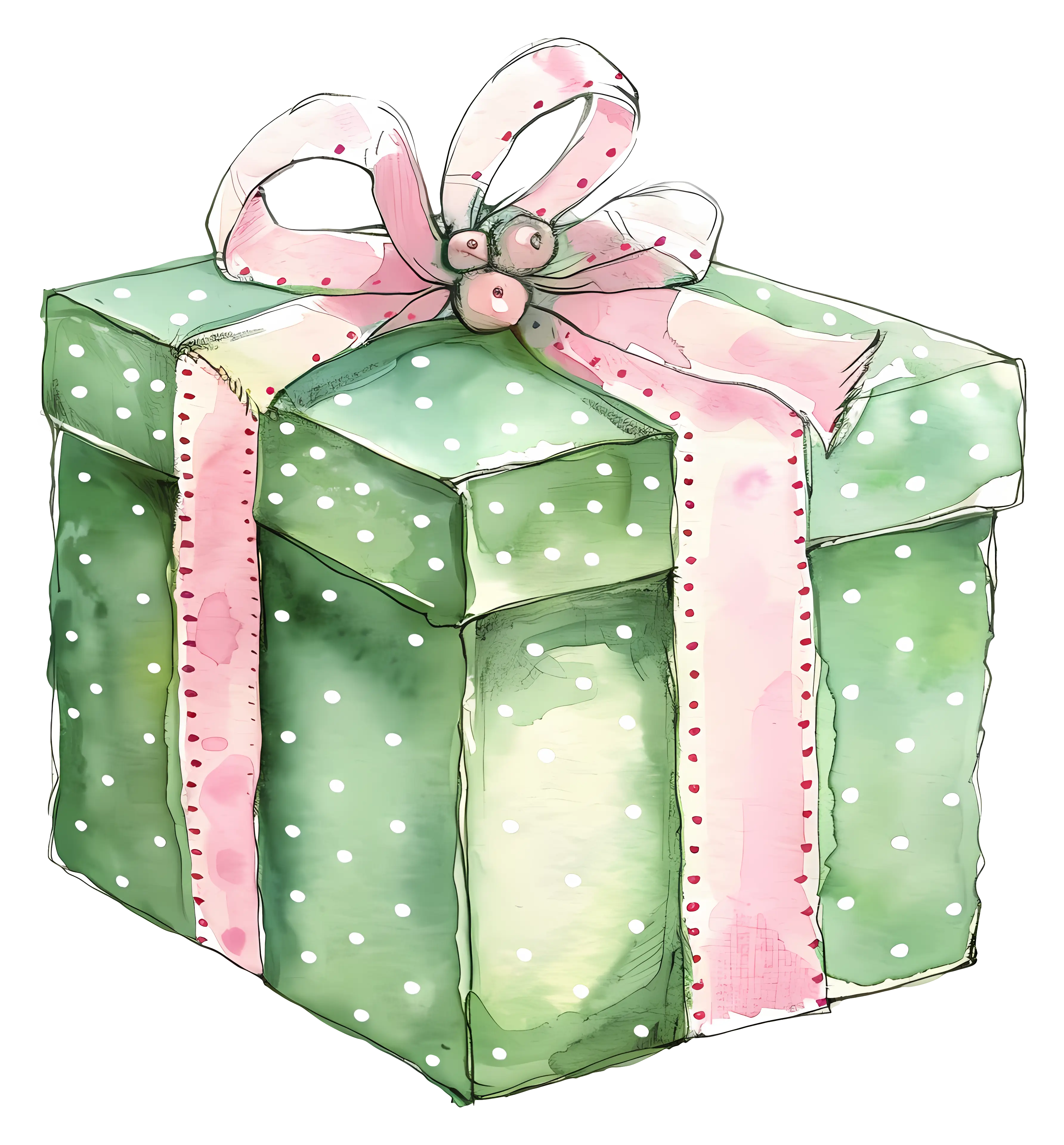 Green Gift Box Wrapped with Pink Ribbon Illustration