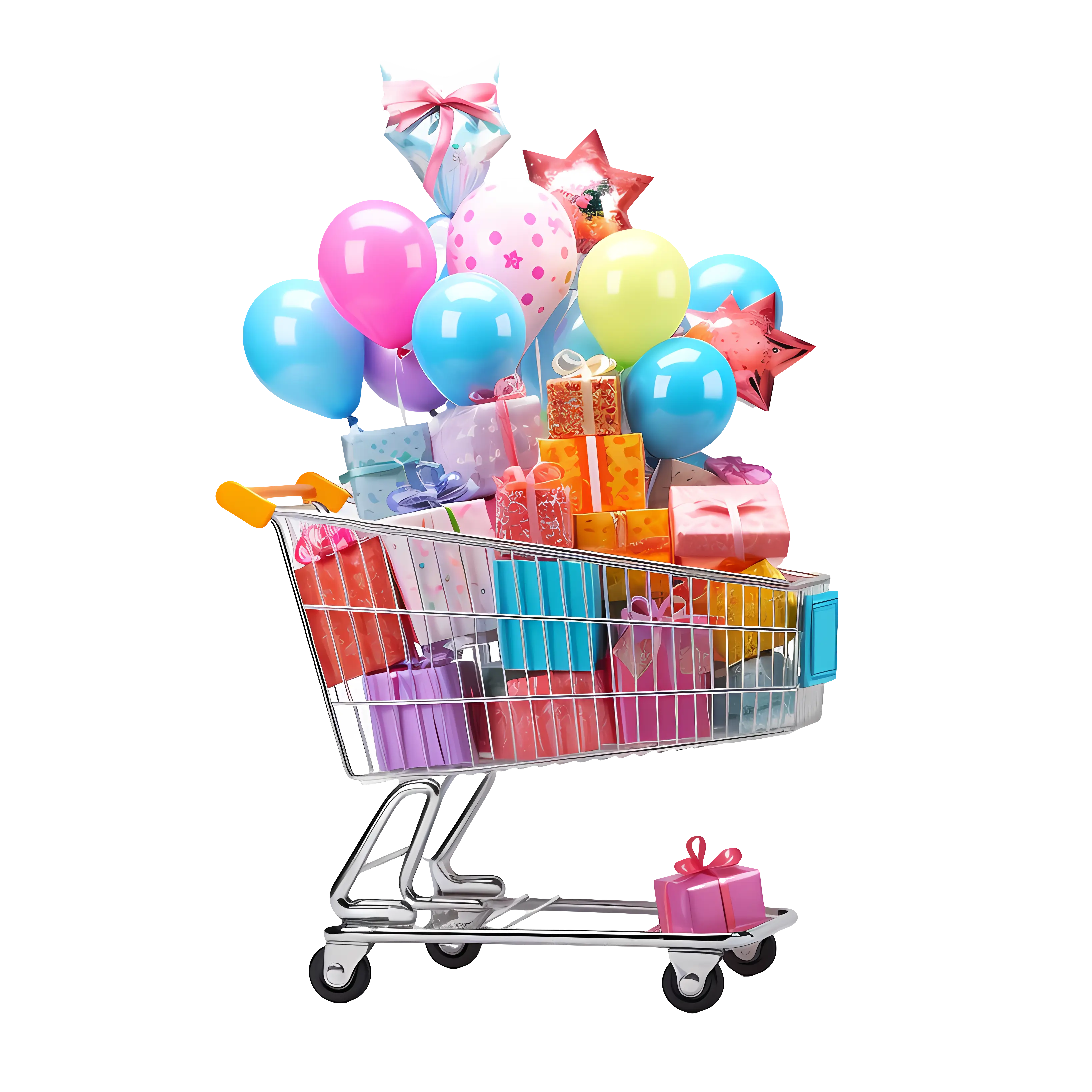 Shopping Cart Full of Gifts and Festive Decorations