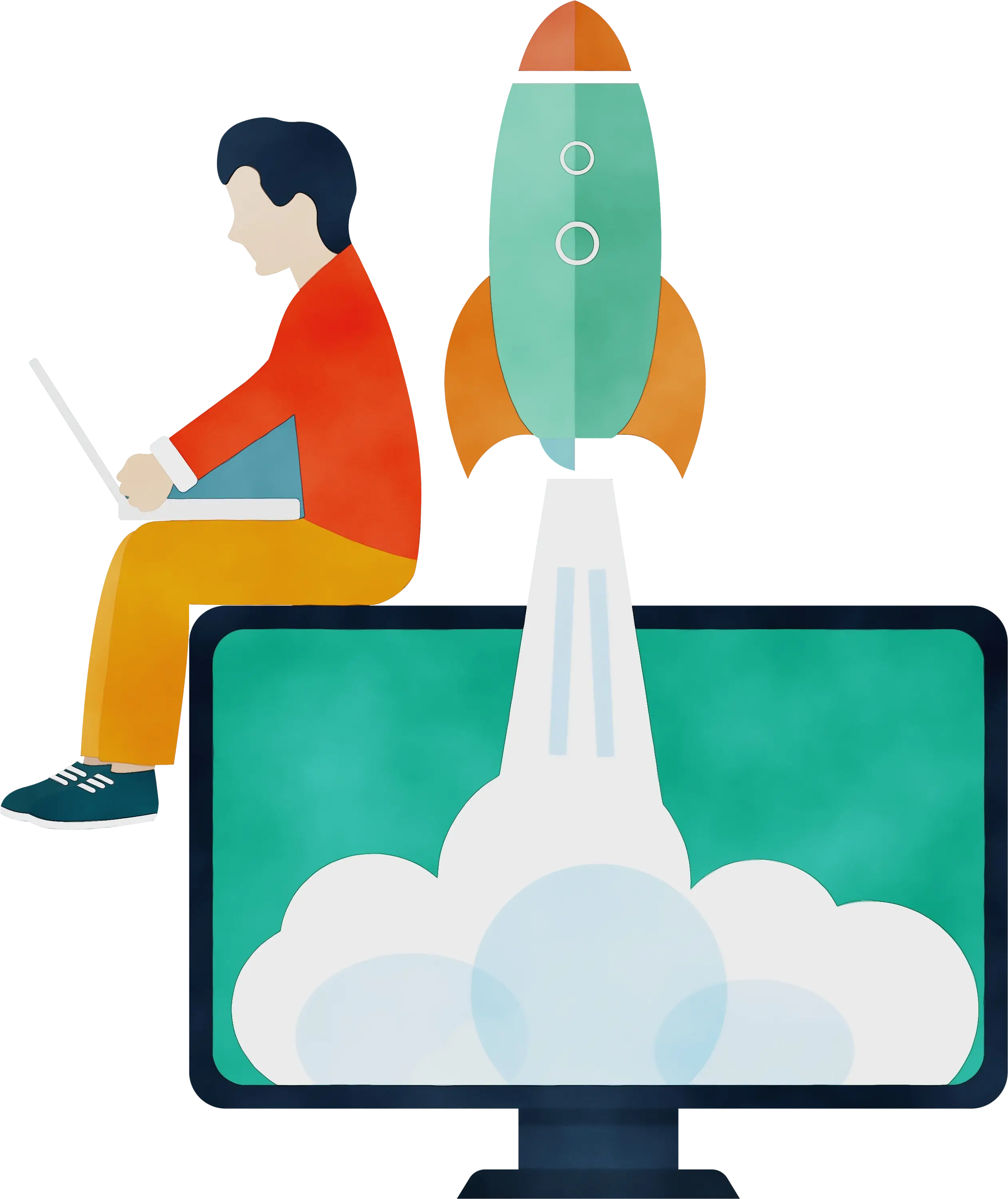 Rocket Launch with Man Working on Laptop Graphic