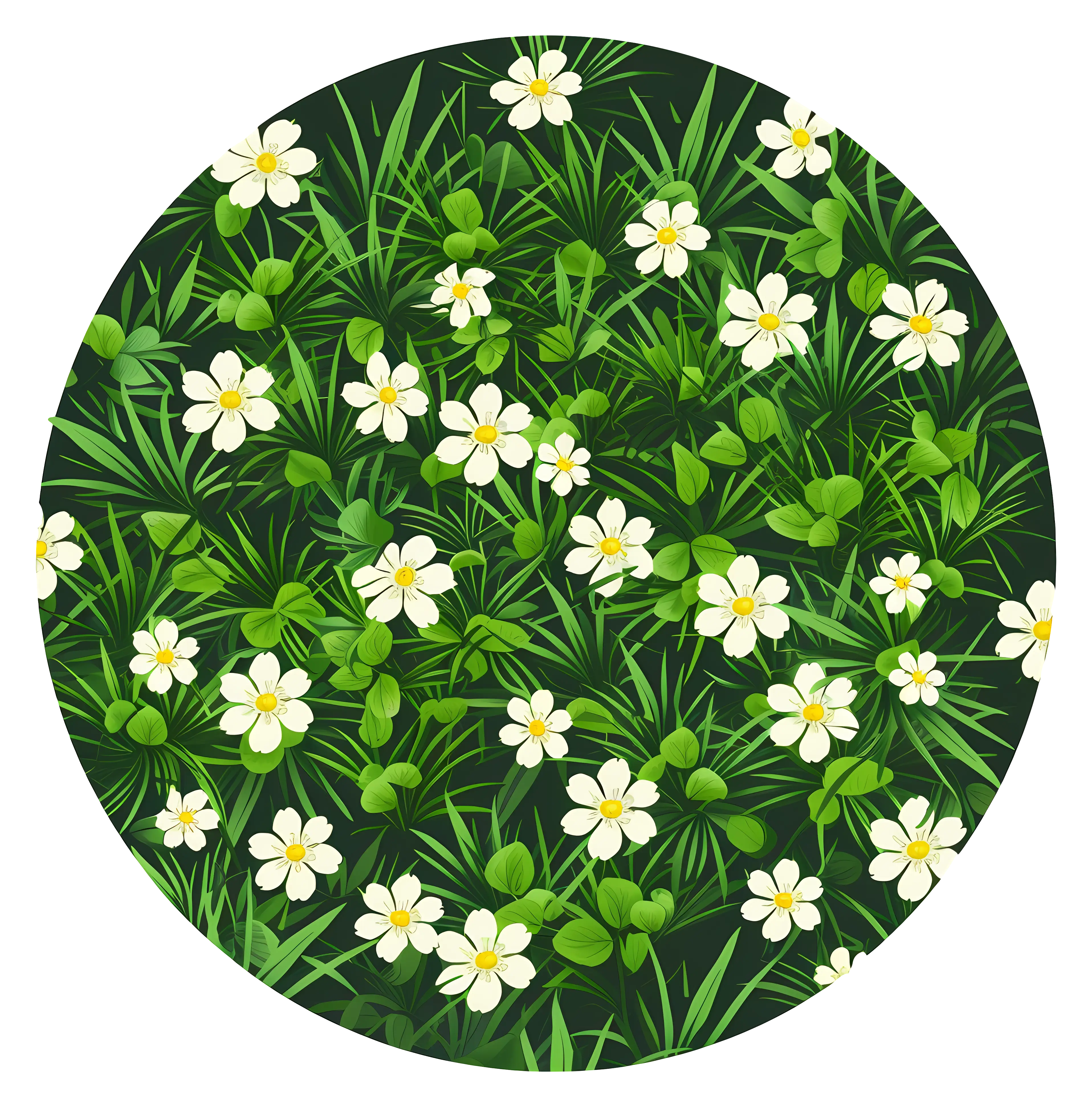 Circular Illustration of Grass and White Flowers