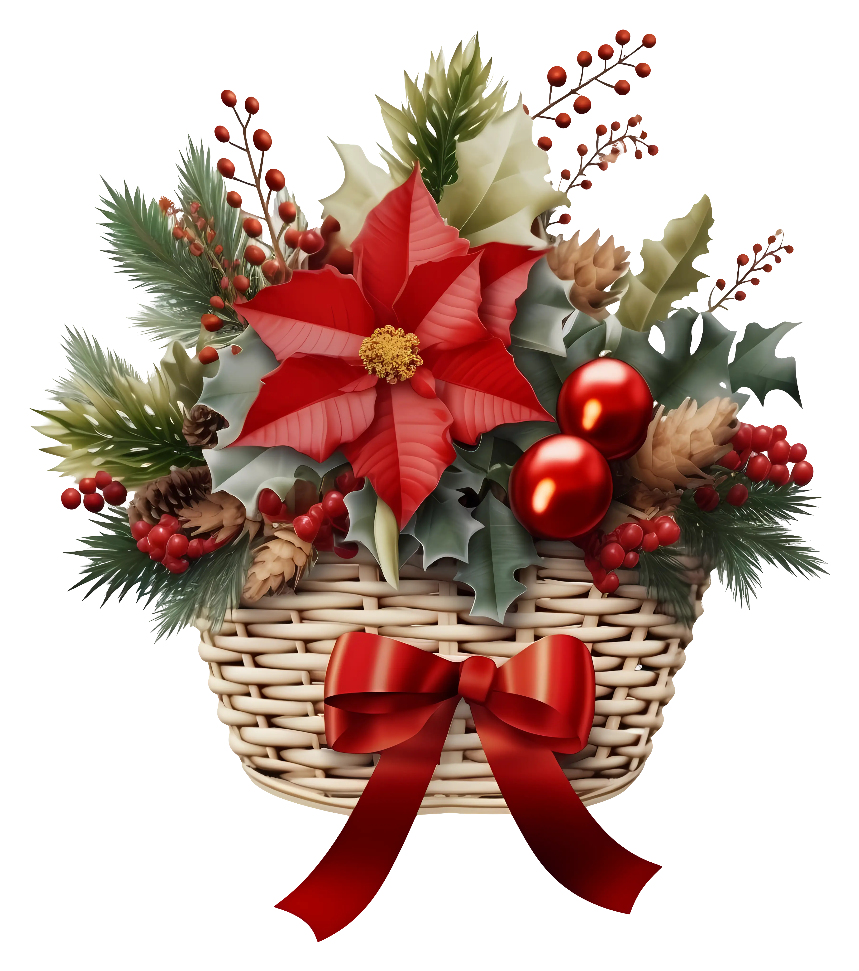 Festive Basket with Red Bow and Decorations