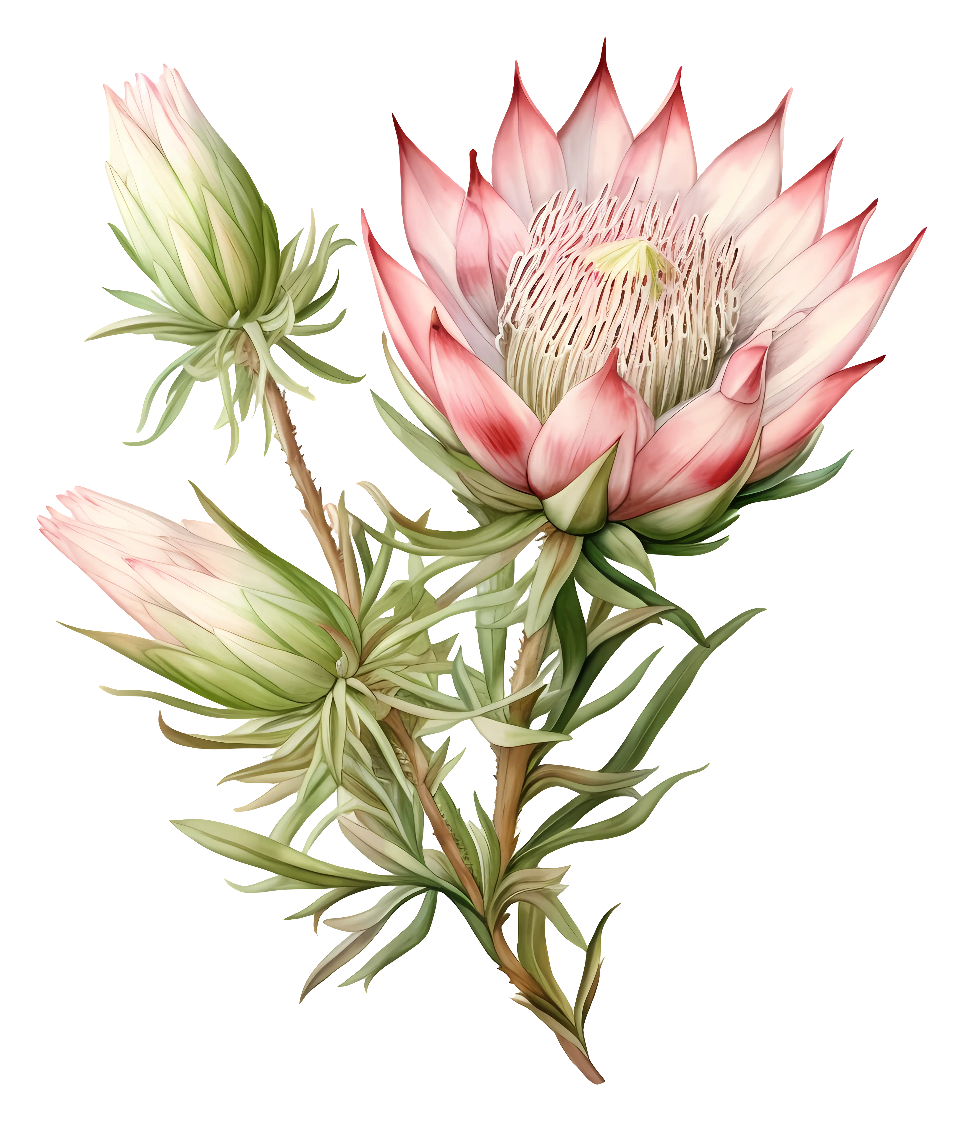 Pink Protea Flower Botanical Illustration
