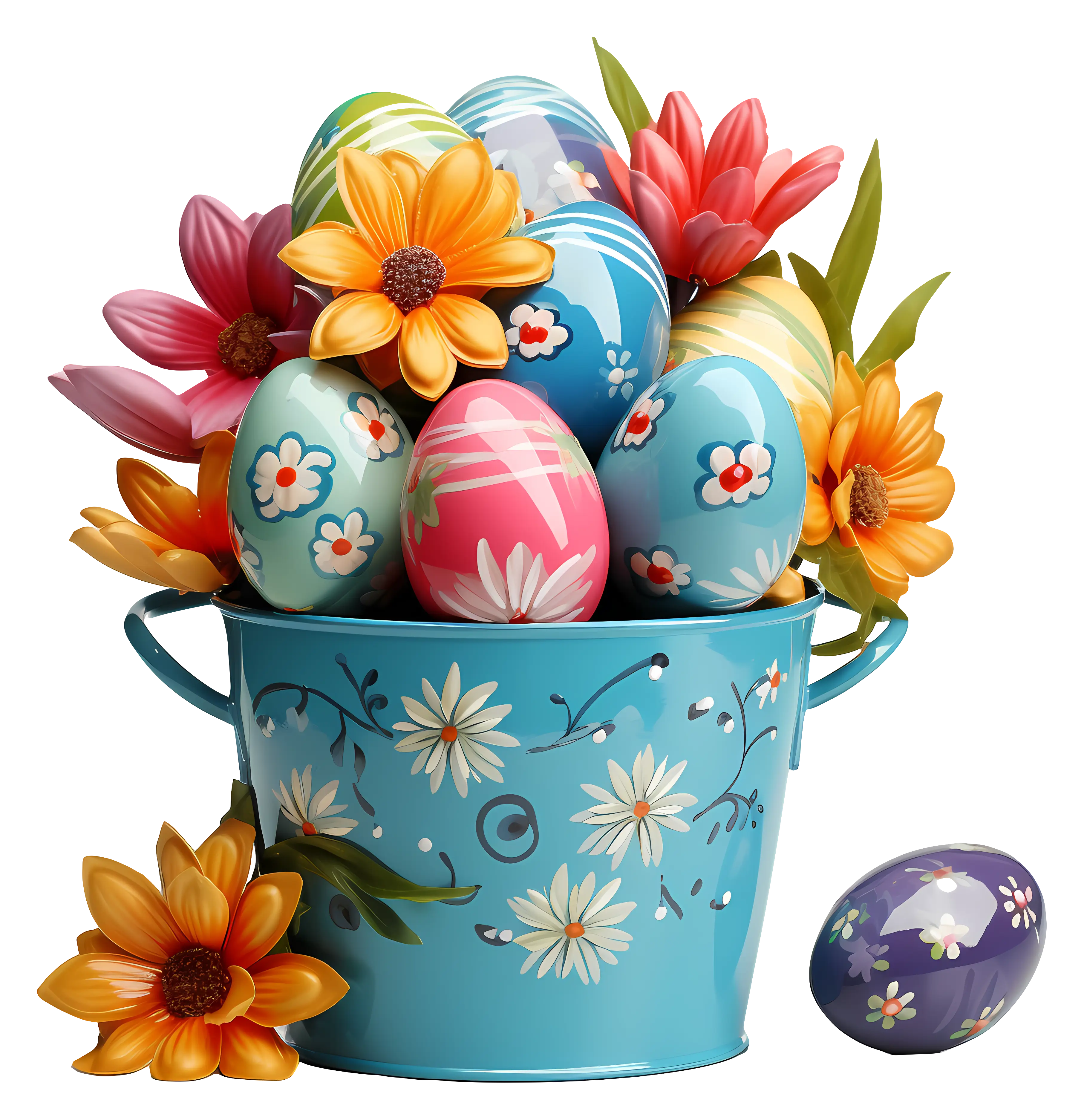 Festive Bucket with Painted Easter Eggs and Flowers
