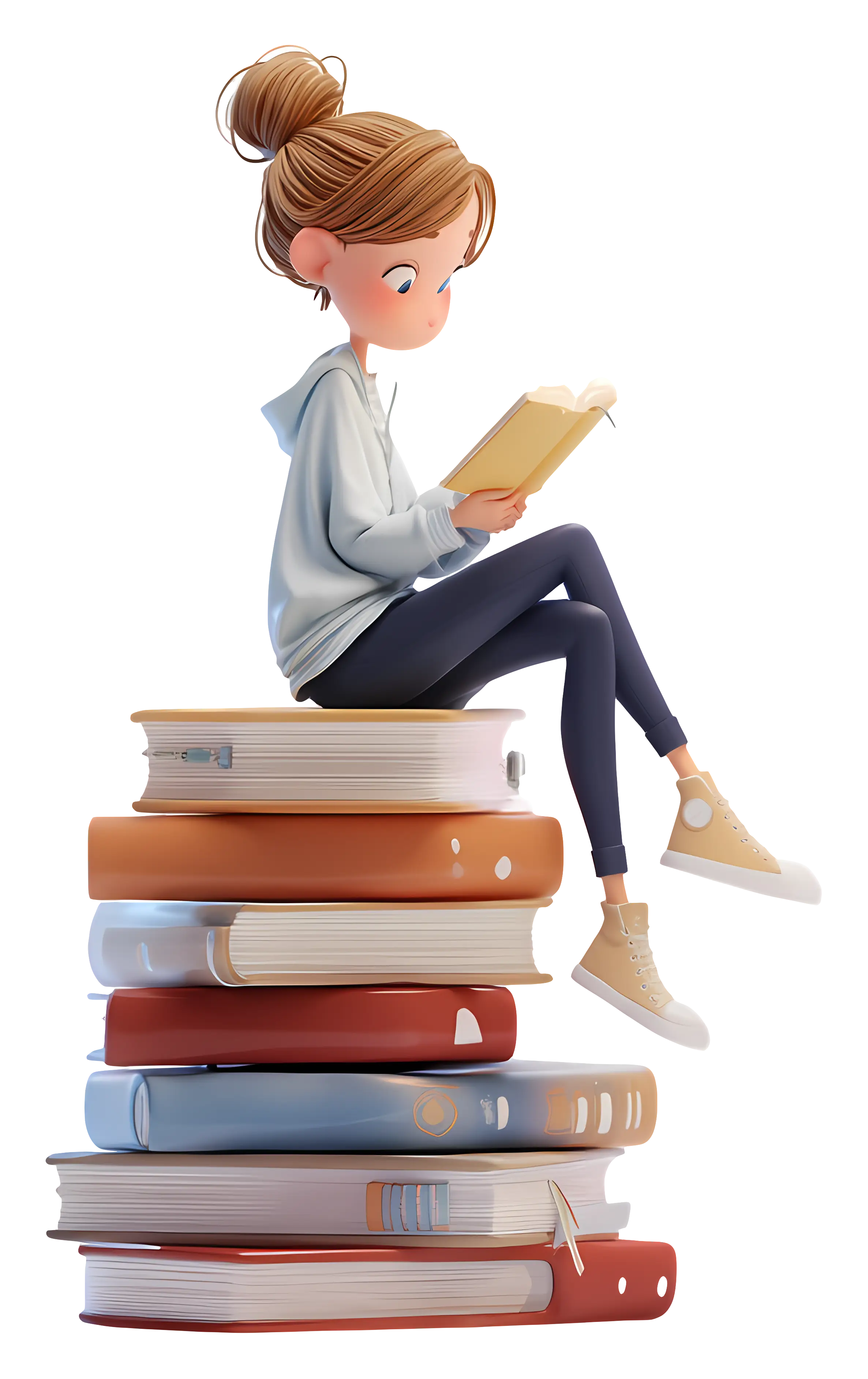 Girl Reading on Stack of Books