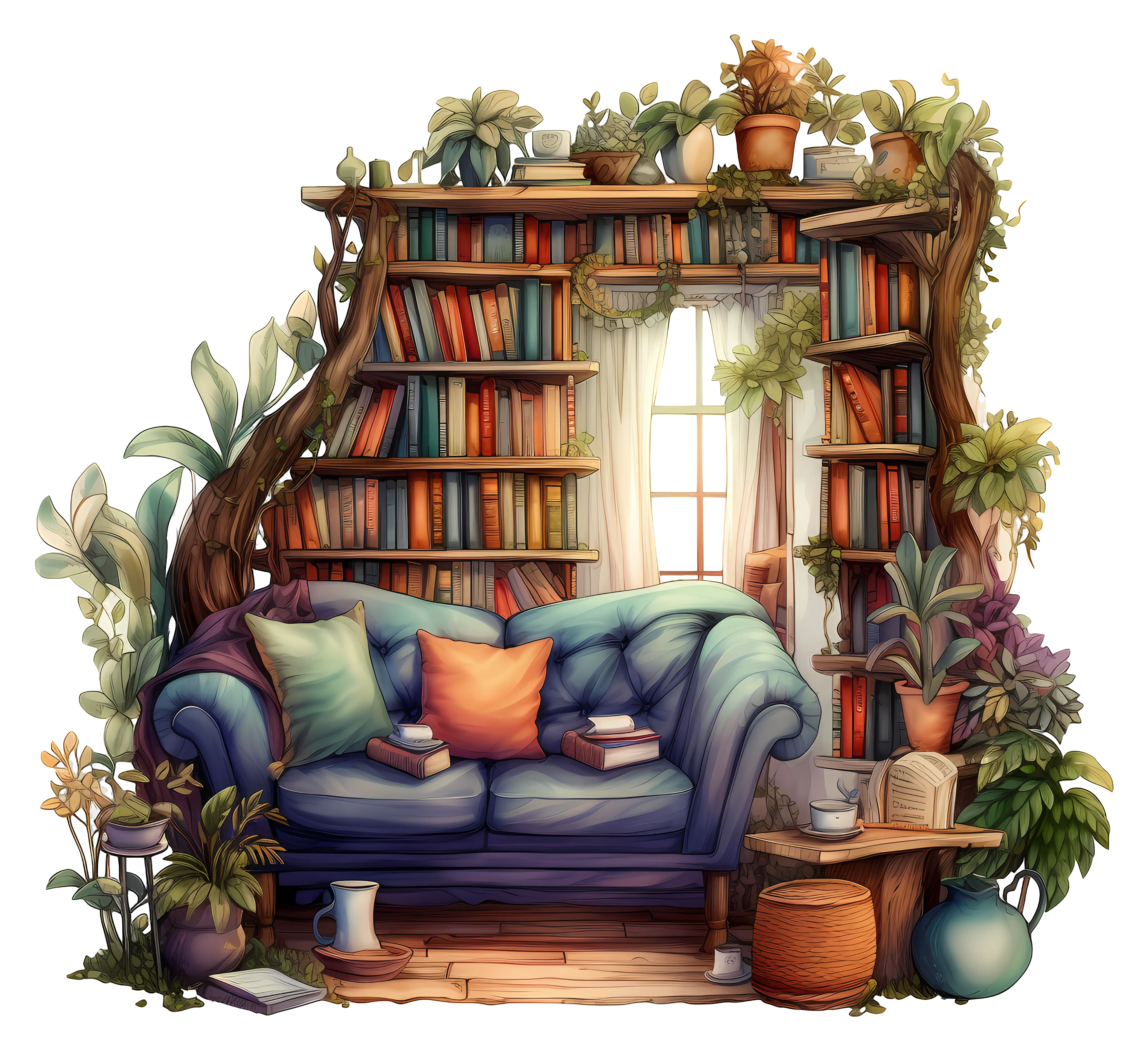 Cozy Library Interior with Plants
