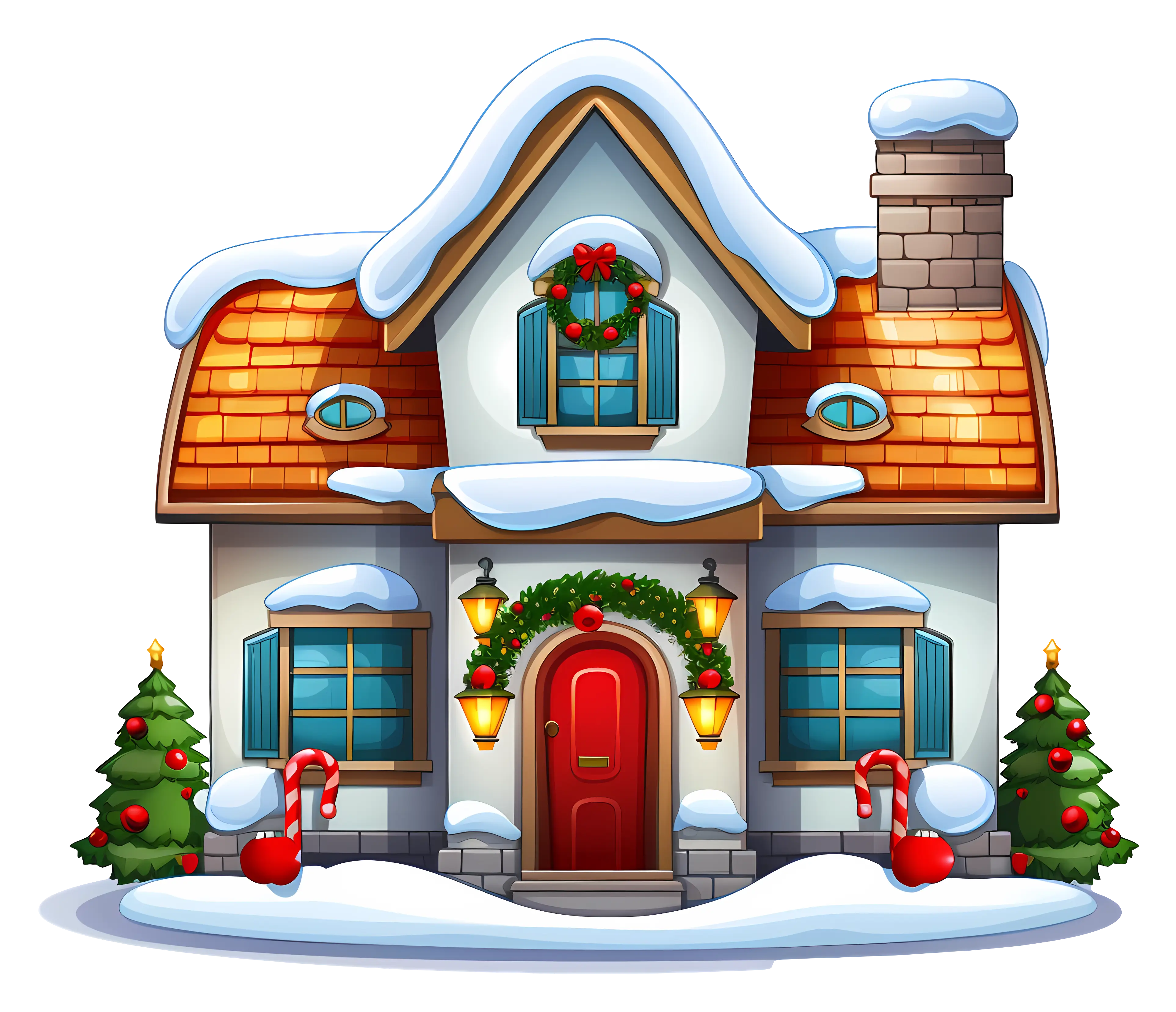 Cartoon Snowy House Decorated for Christmas