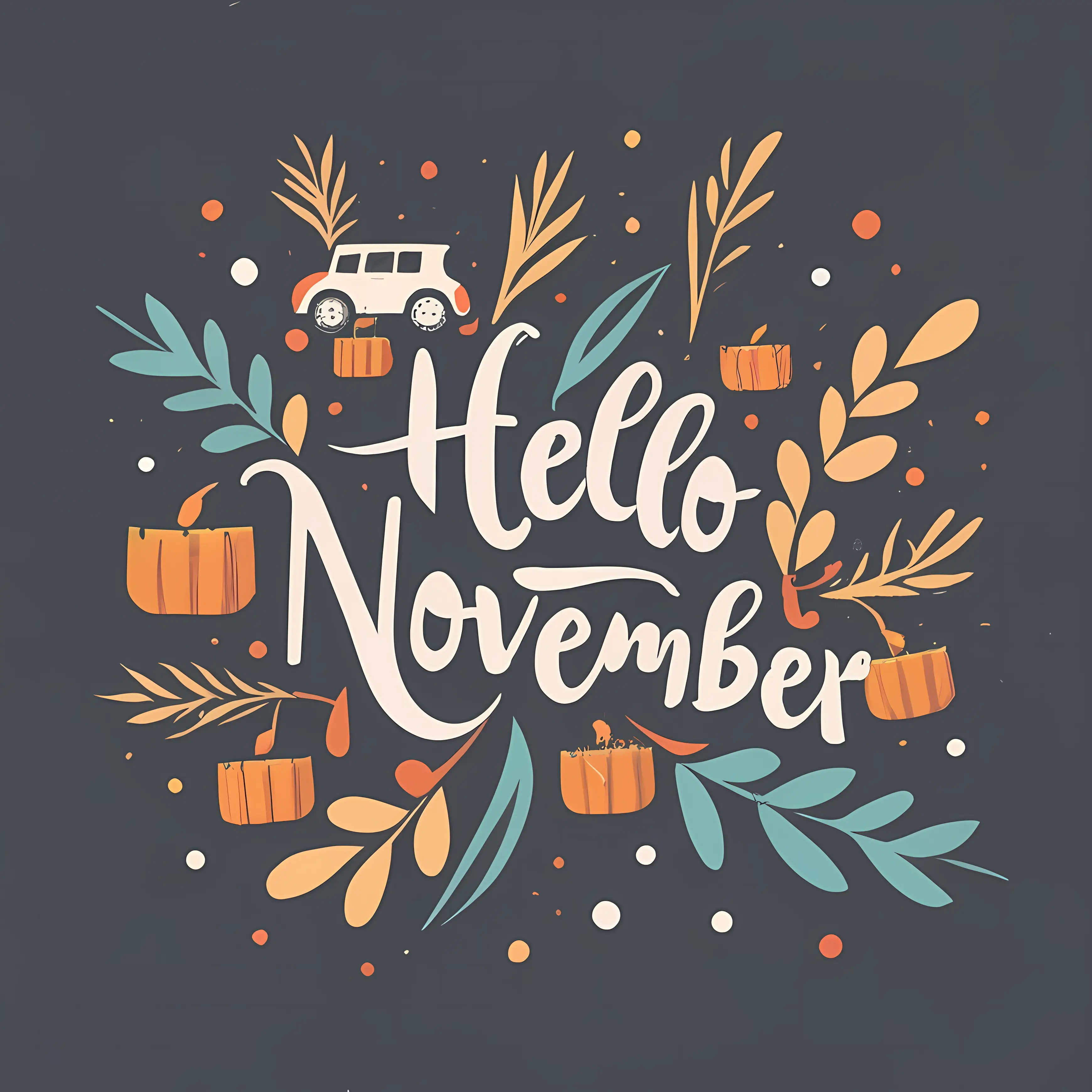 Hello November with Autumn Leaves and Pumpkins