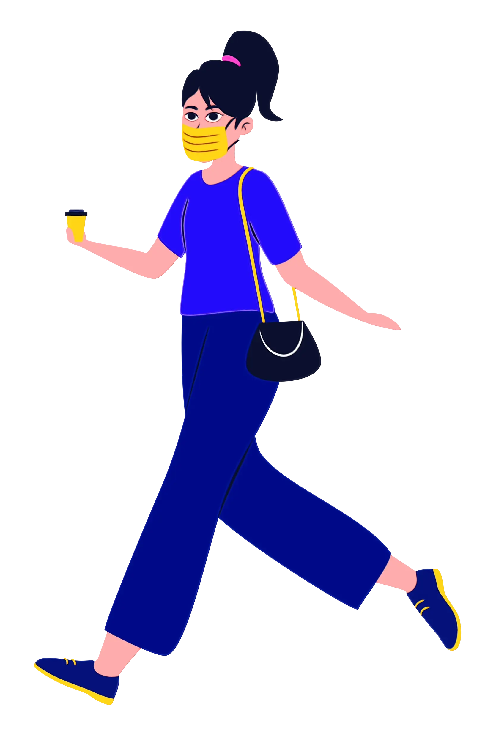 Walking Woman Wearing Mask and Holding Coffee