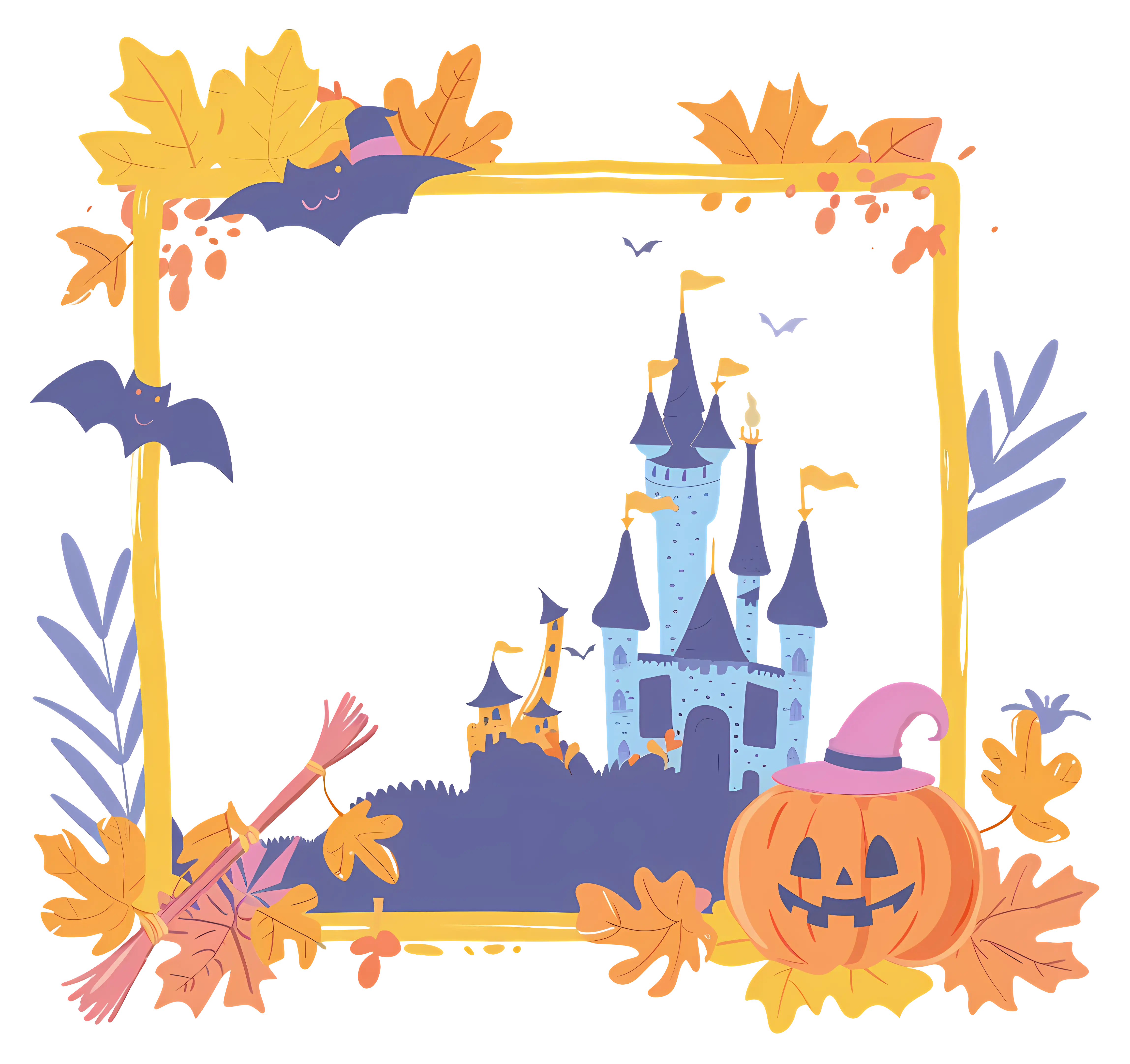 Halloween-Themed Frame with Castle and Pumpkin