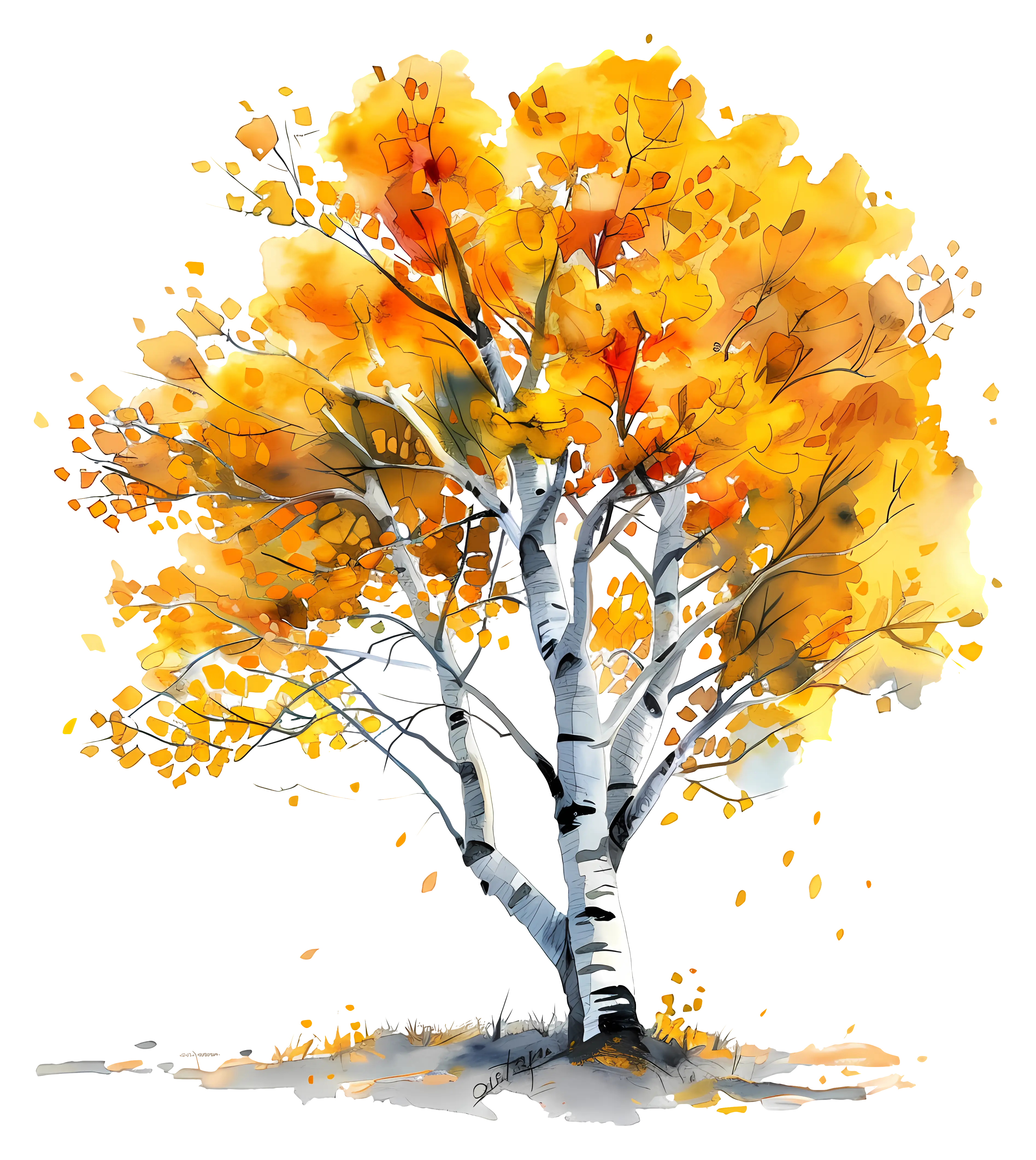 Autumn Birch Tree Illustration with Golden Leaves