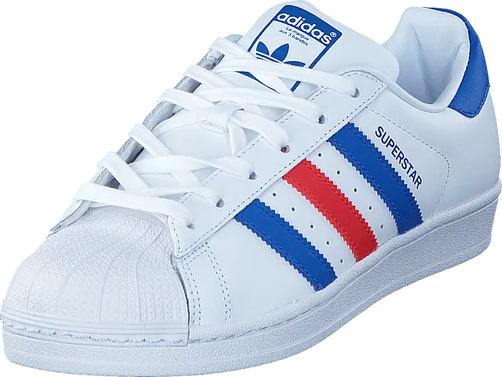 White Adidas Superstar Shoe with Red and Blue Stripes
