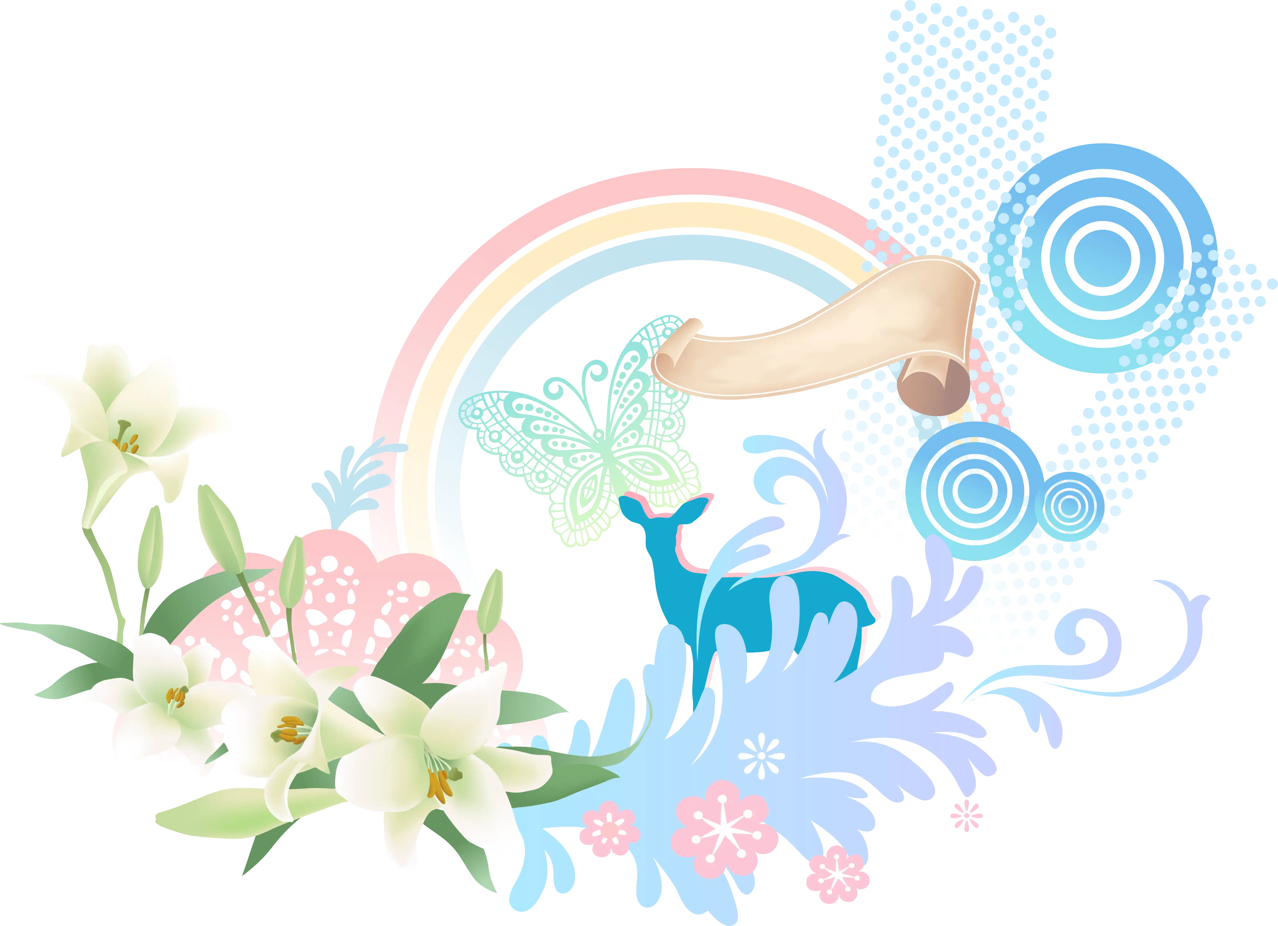 Colorful Floral Design with Rainbow and Butterfly