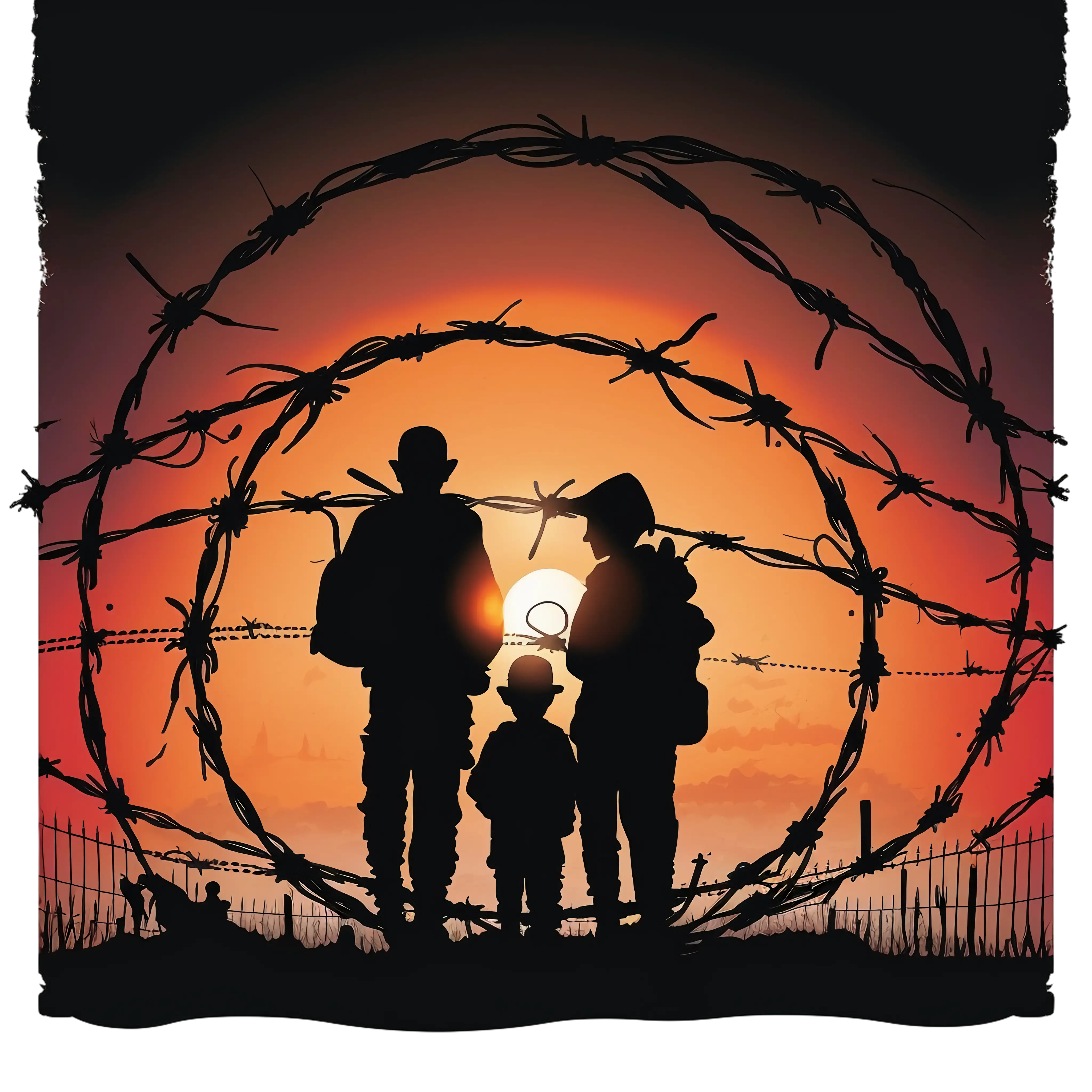 Family Silhouette at Sunset with Barbed Wire
