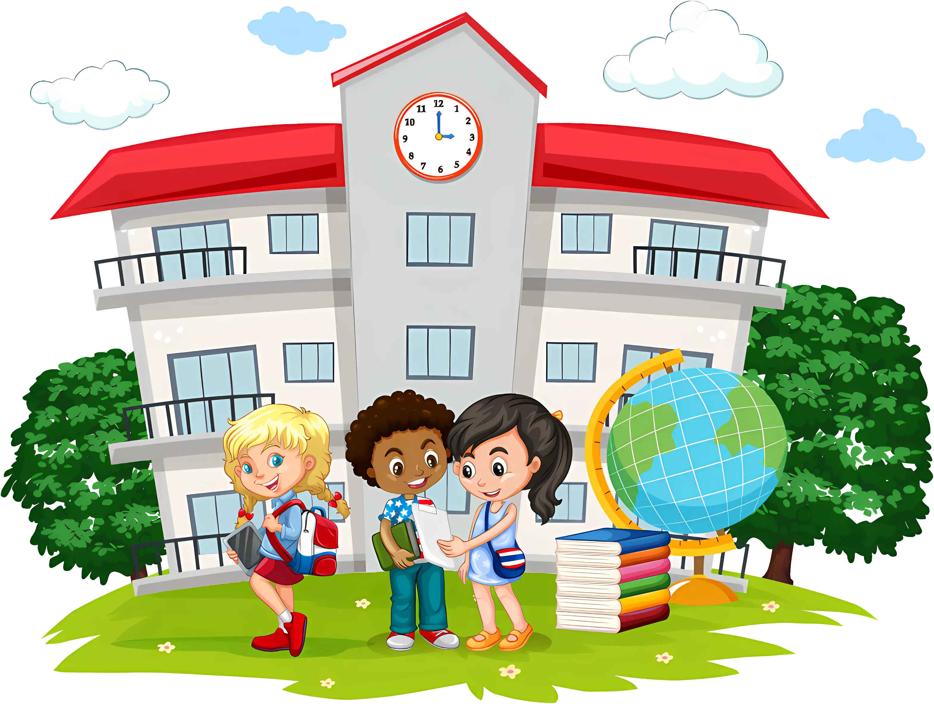 Cartoon Kids in Front of School with Globe and Books