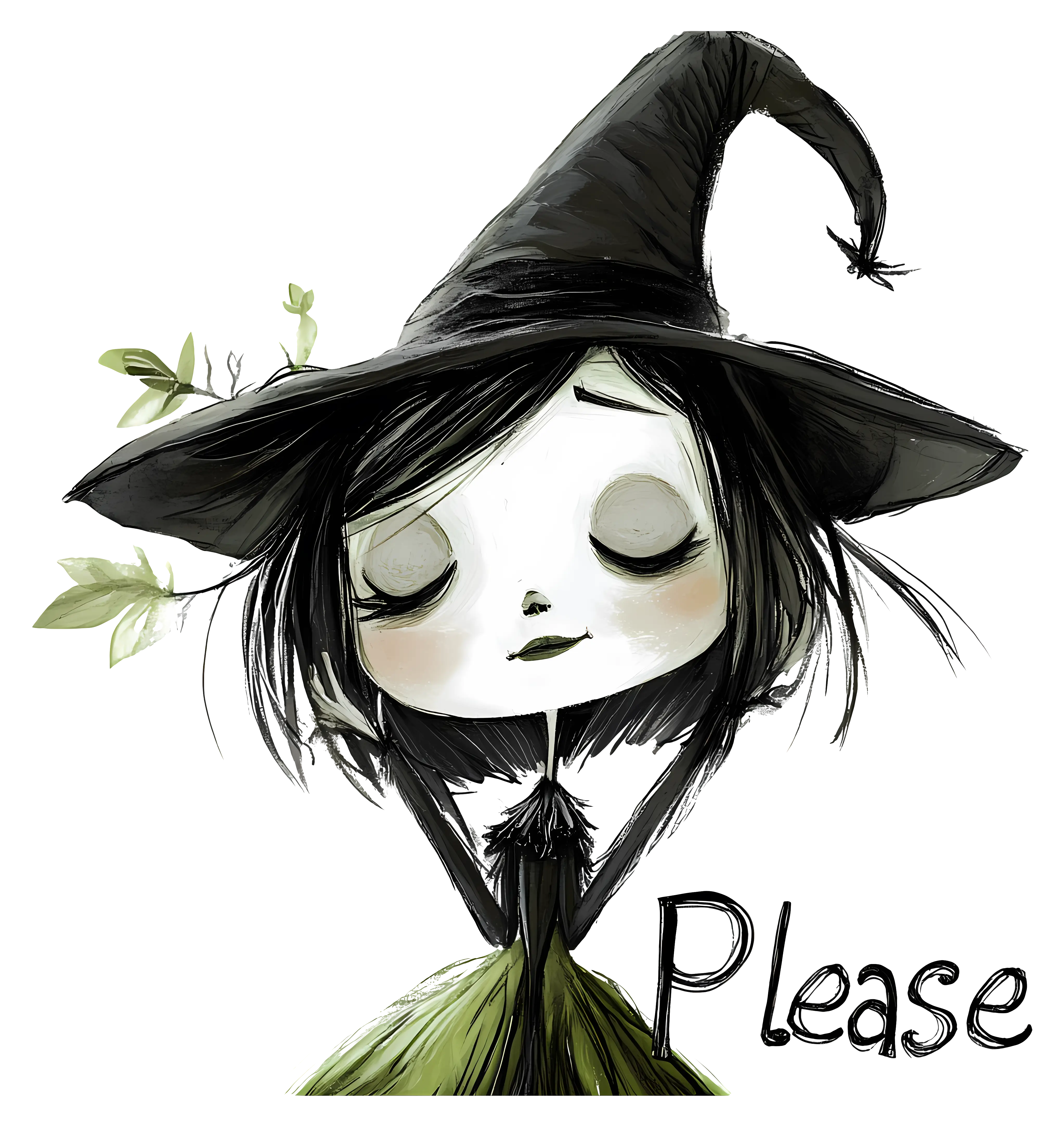 Witch in Black Hat with &#039;Please&#039;