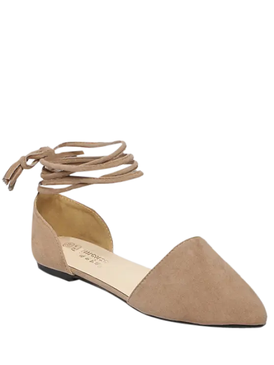 Beige Pointed-Toe Flats with Ankle Strap
