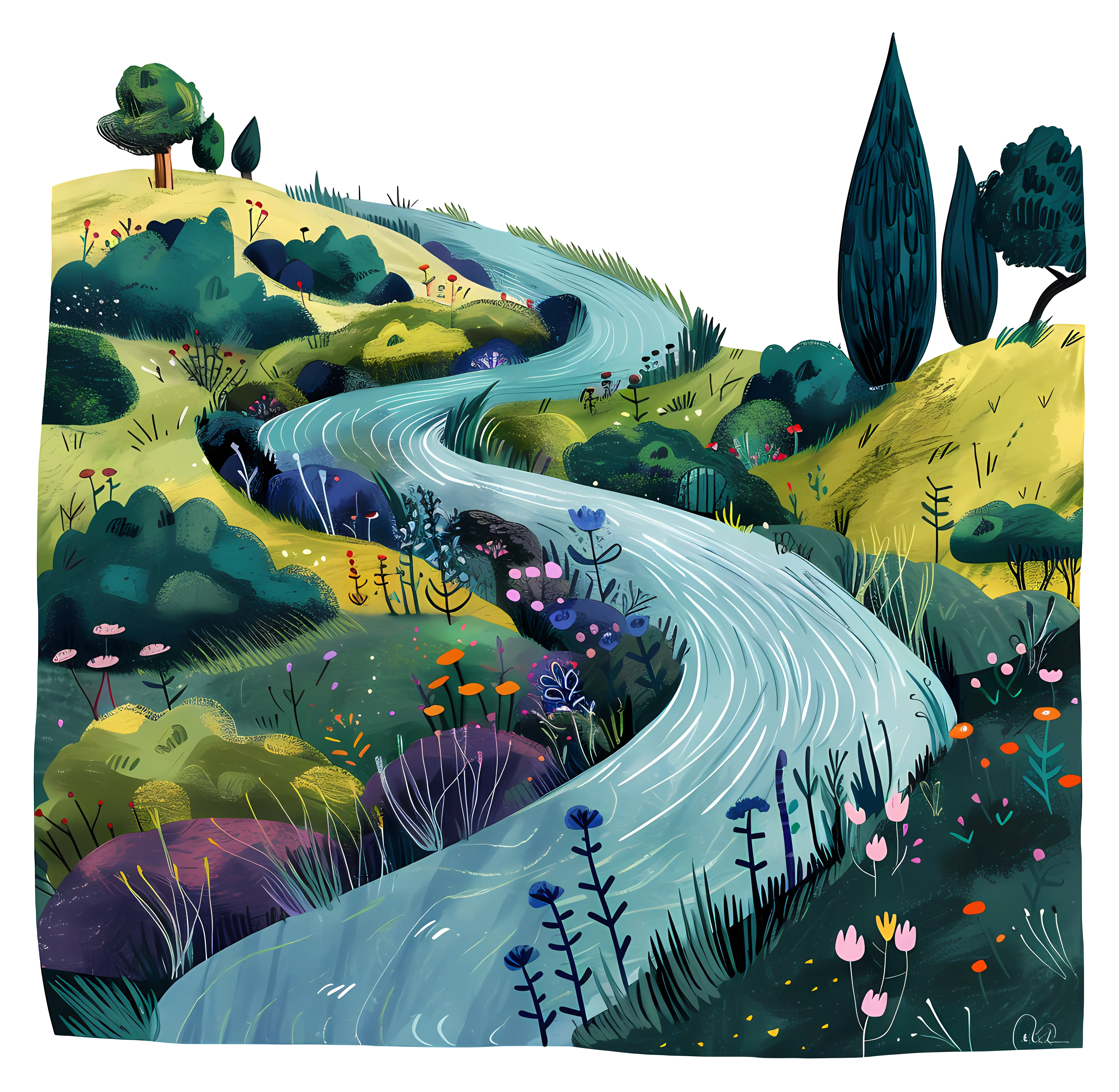 Winding River in a Forested Landscape Illustration