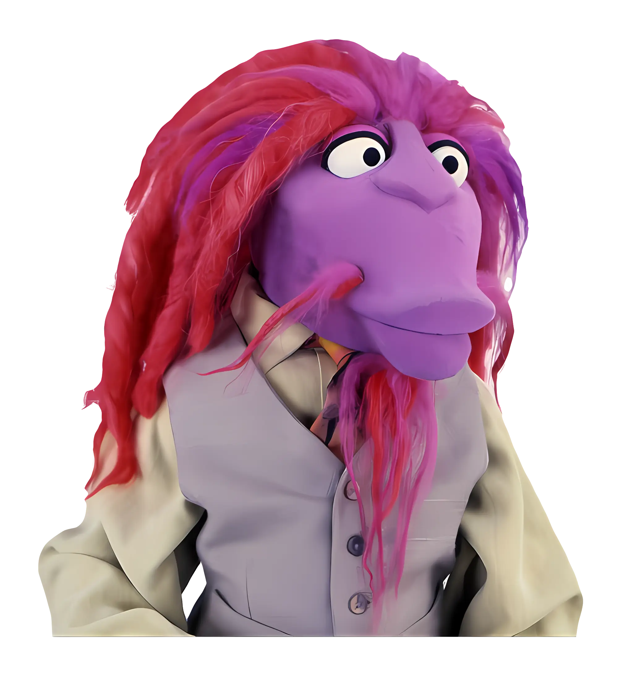 Purple Puppet with Red Hair in Formal Attire