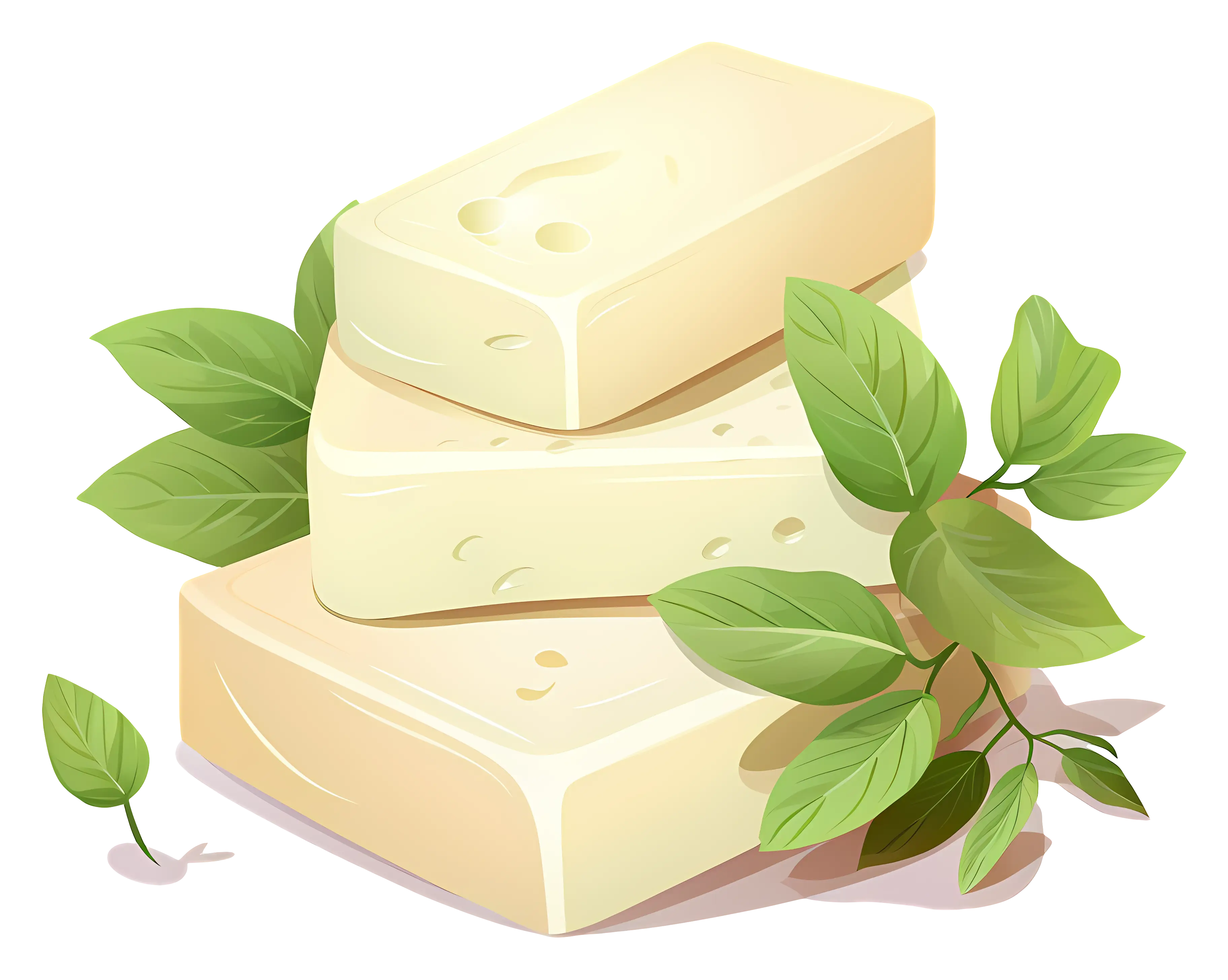 Tofu Blocks with Green Leaves