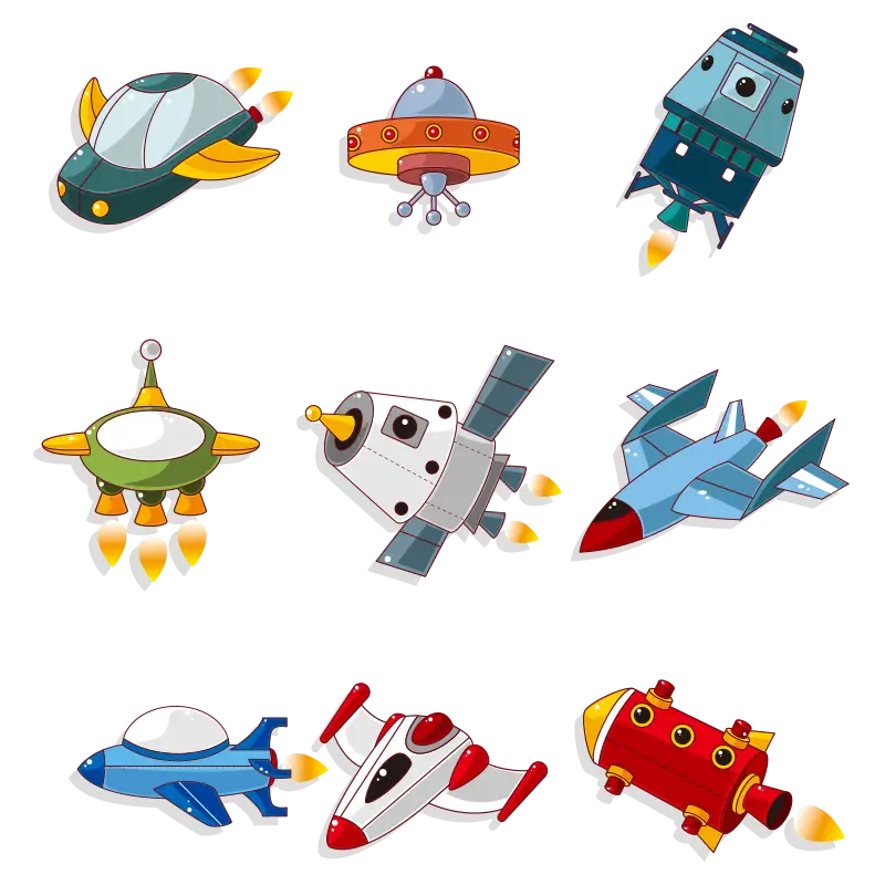 Set of Creative Cartoon Spaceships and Rockets