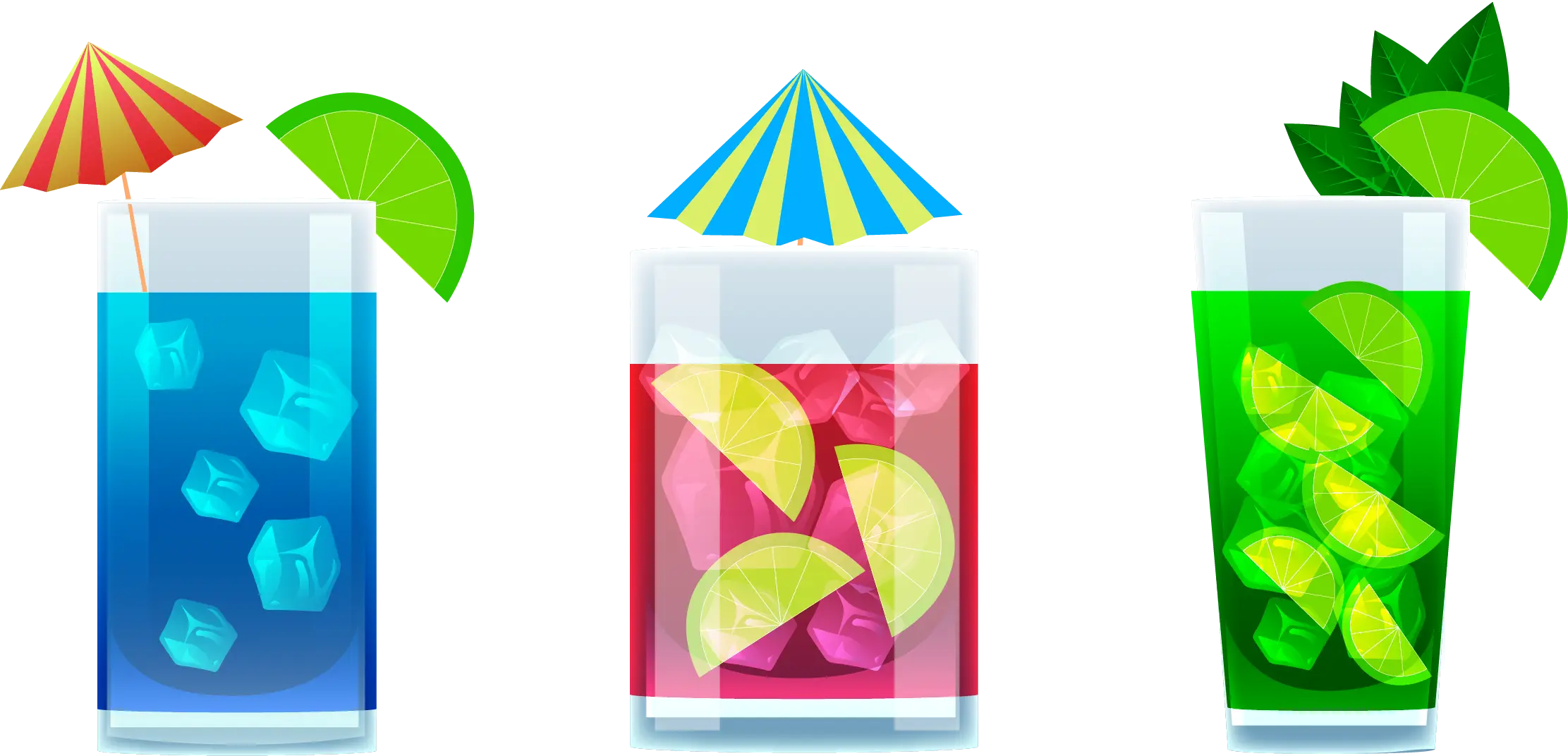 Colorful Summer Drinks with Ice Cubes