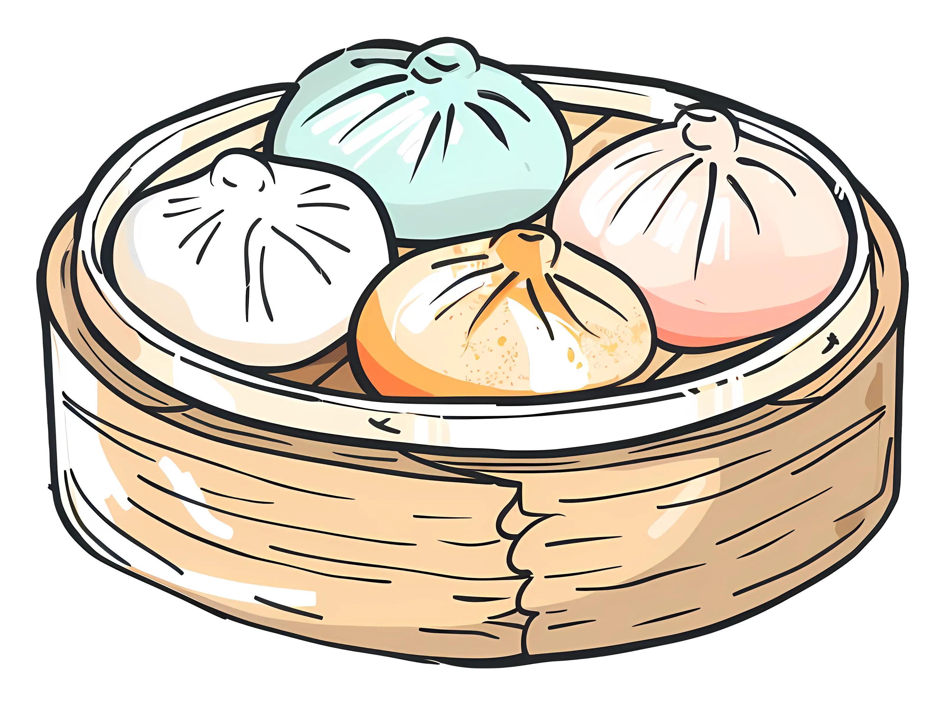Cartoon Illustration of Steamed Buns in Basket