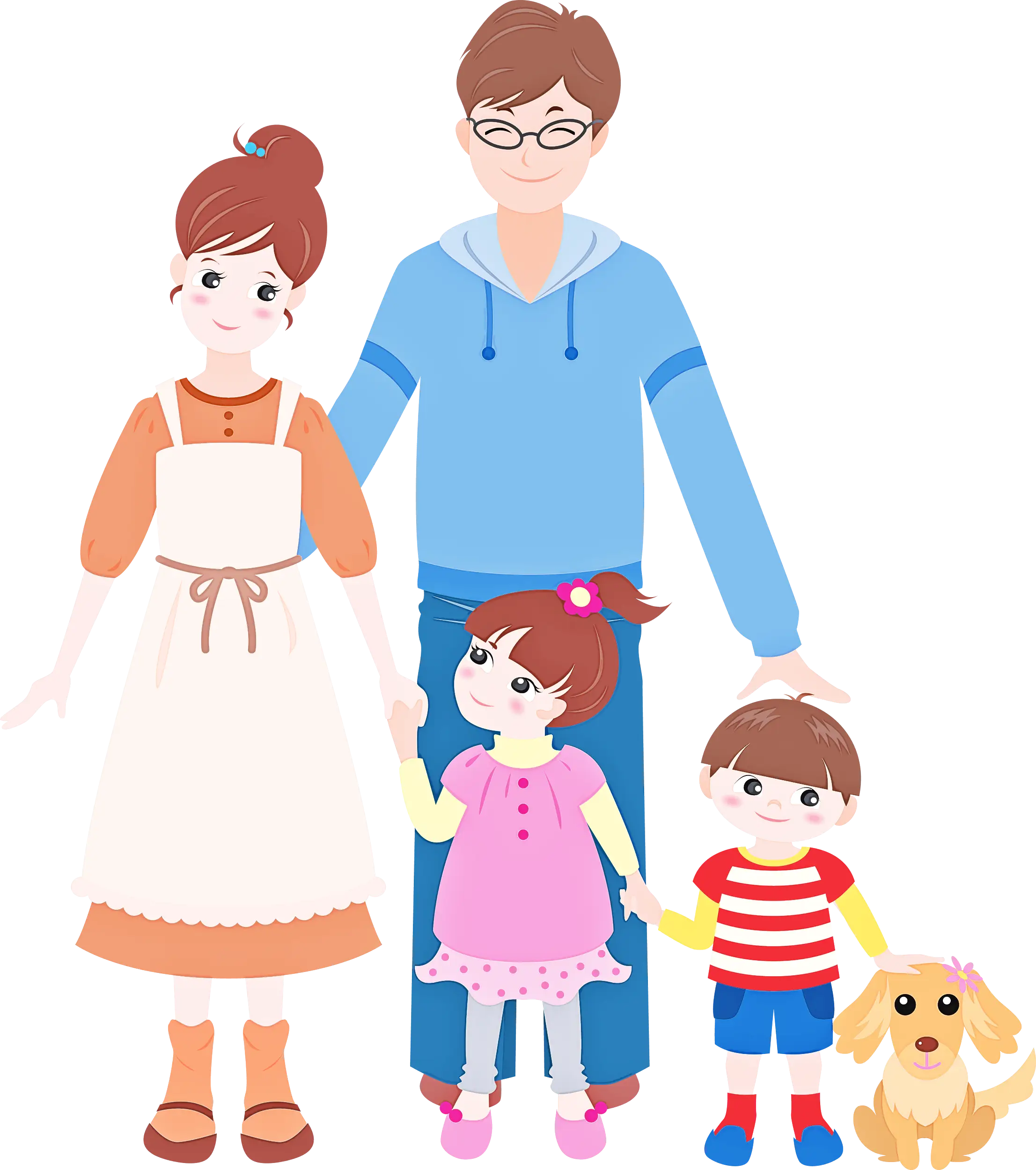 Happy Family Illustration with Two Kids and Dog