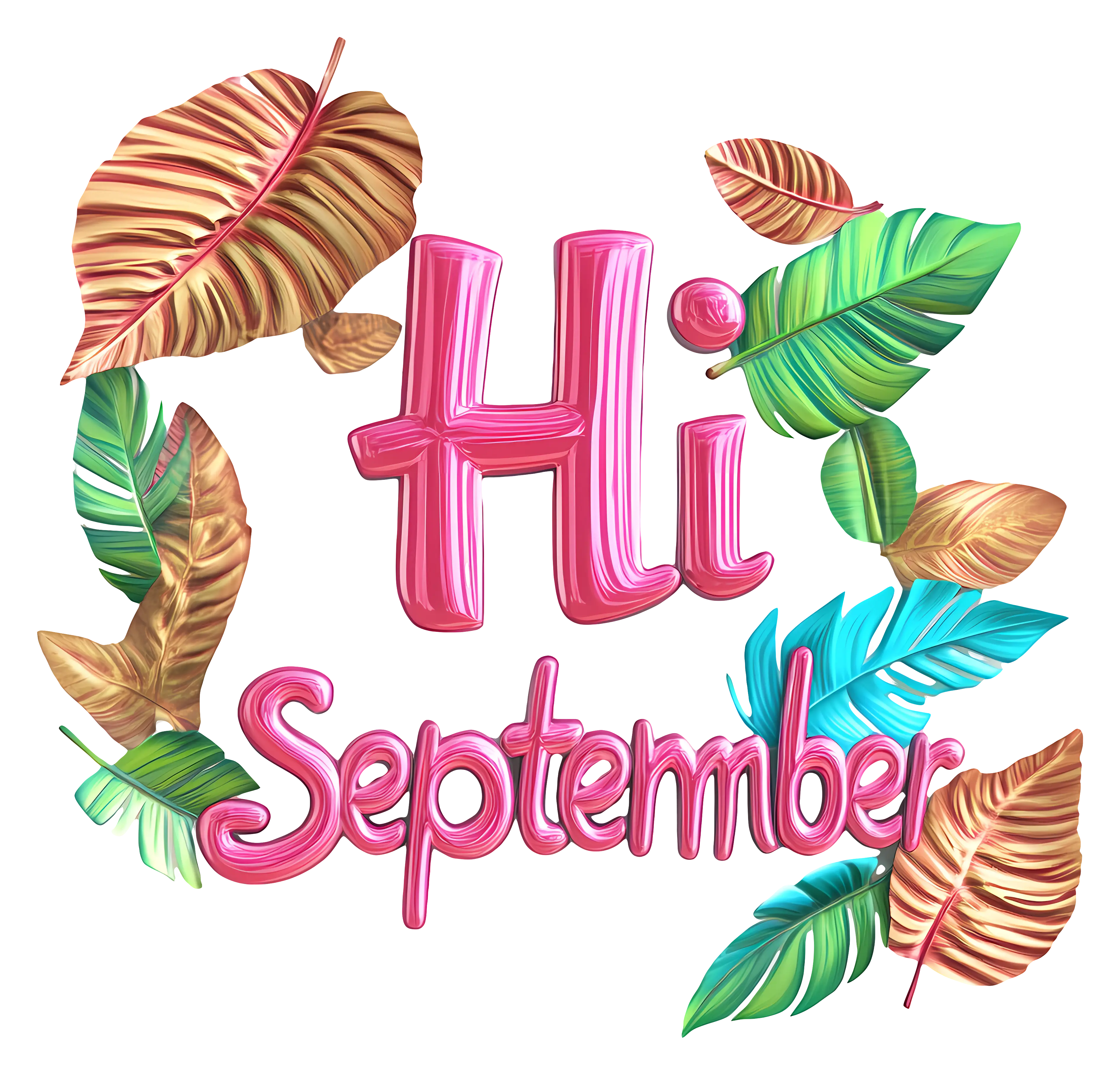 Hi September Text with Tropical Leaves Design