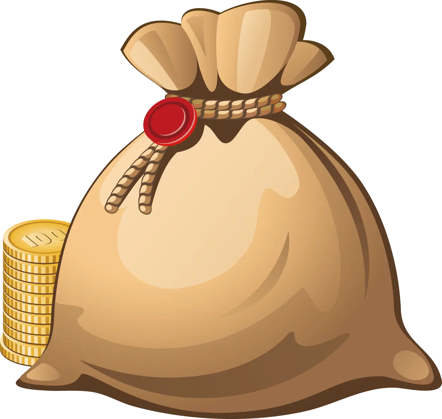 Bag of gold coins tied with a red seal
