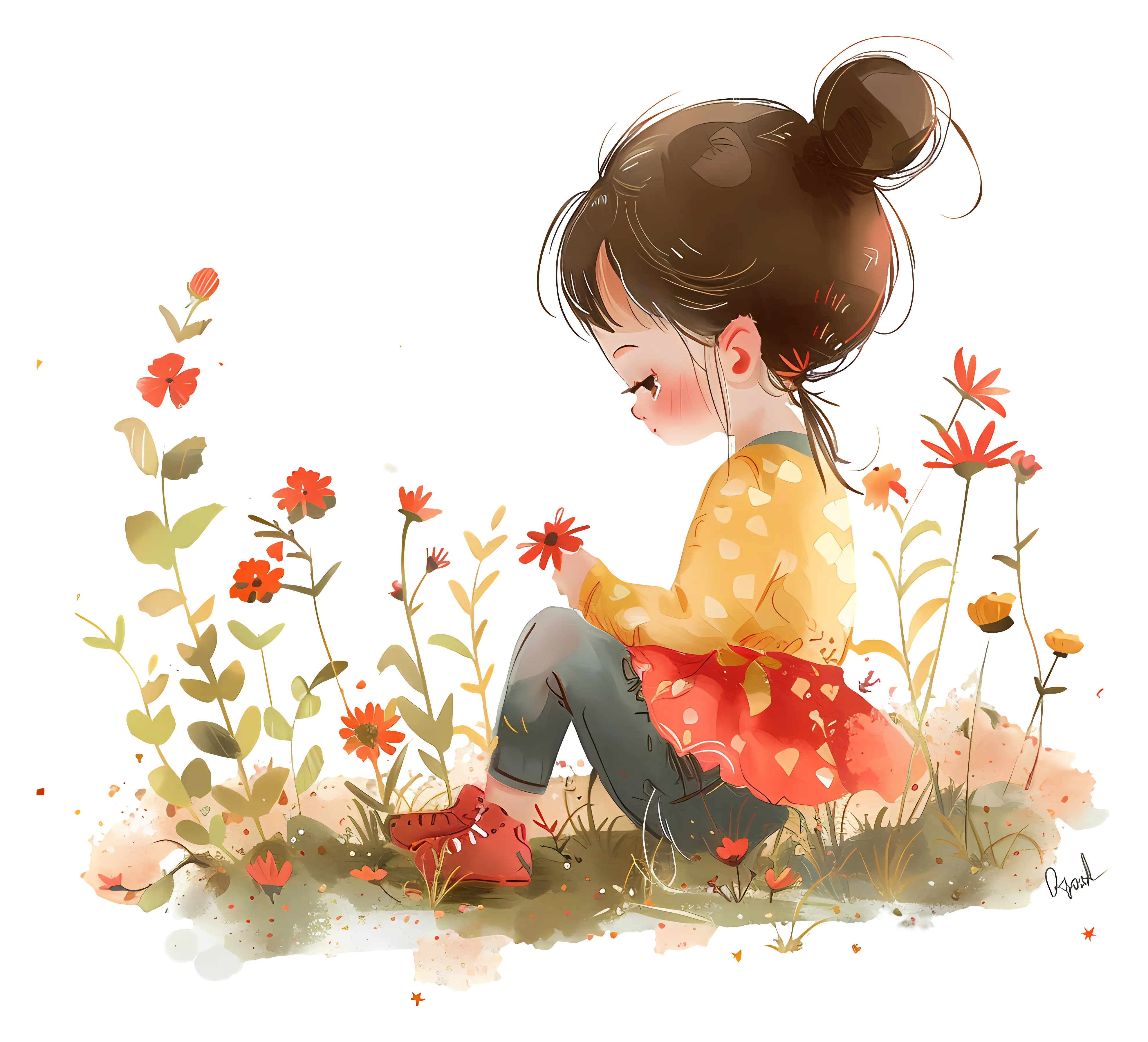 Illustration of Girl with Flowers