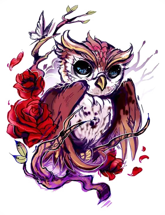 Artistic Owl with Roses on a Branch