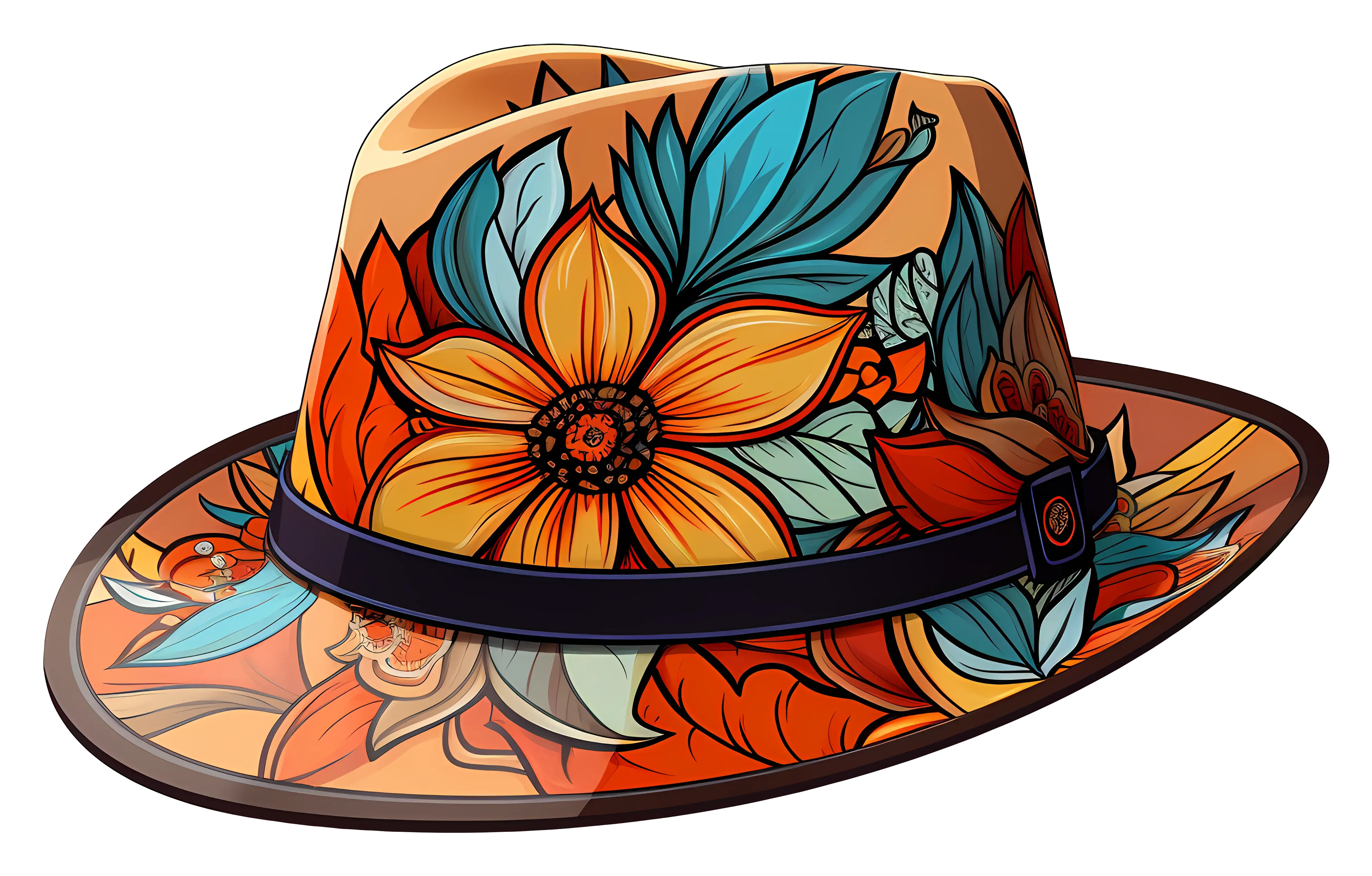 Vibrant Hat with Orange and Blue Floral Design
