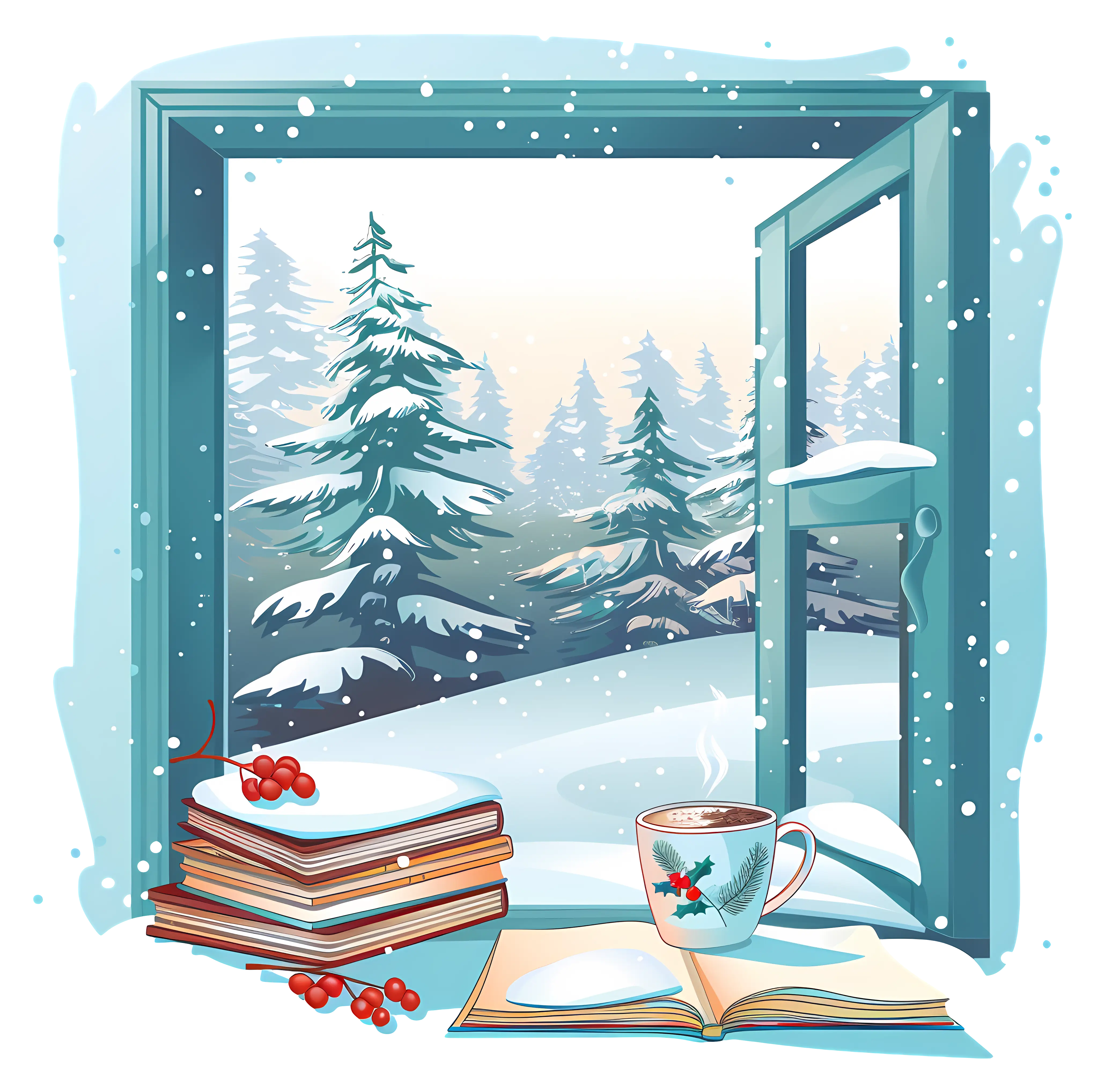 Cozy Winter Window with Books and Cup