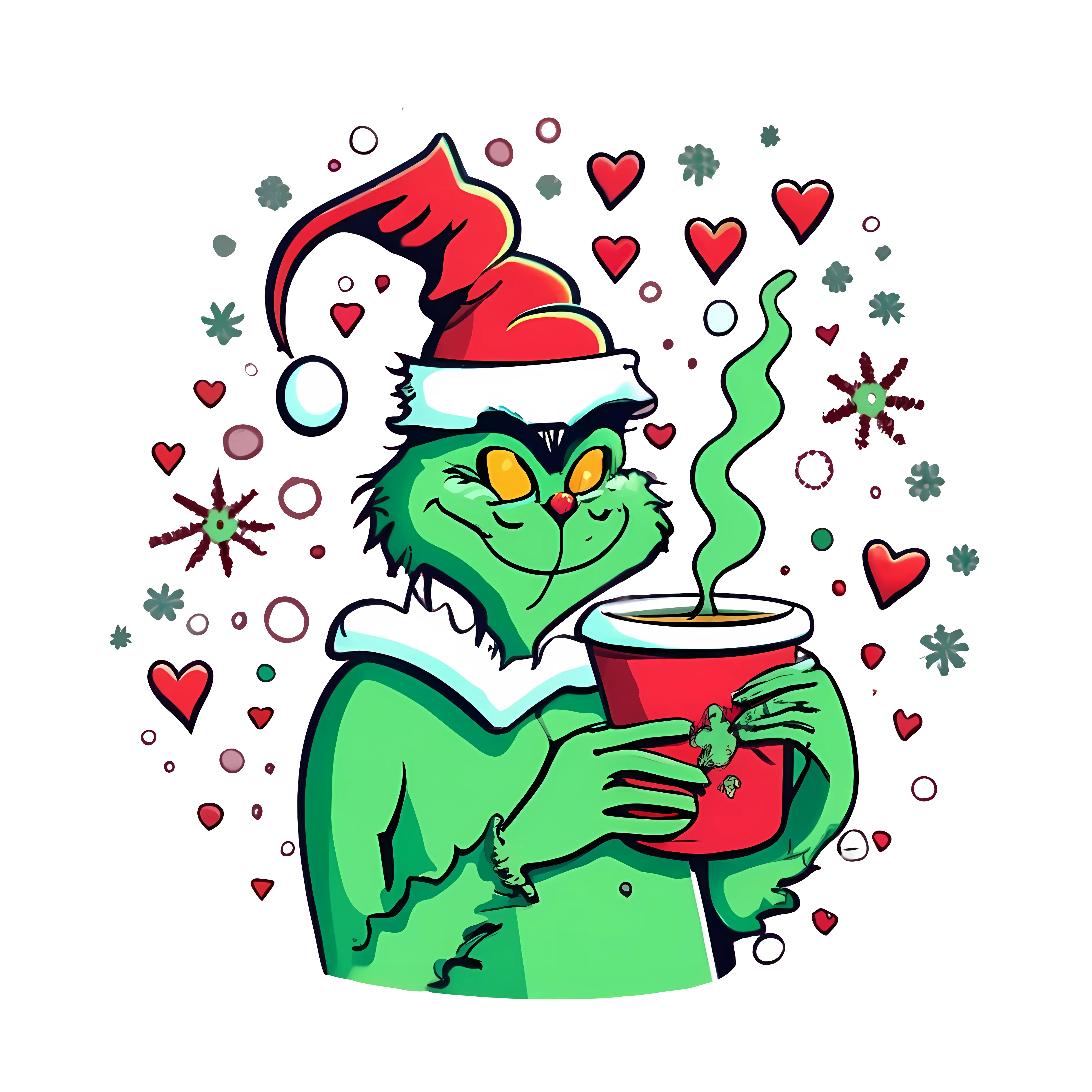Green Cartoon Character in Santa Hat with Cup for Christmas