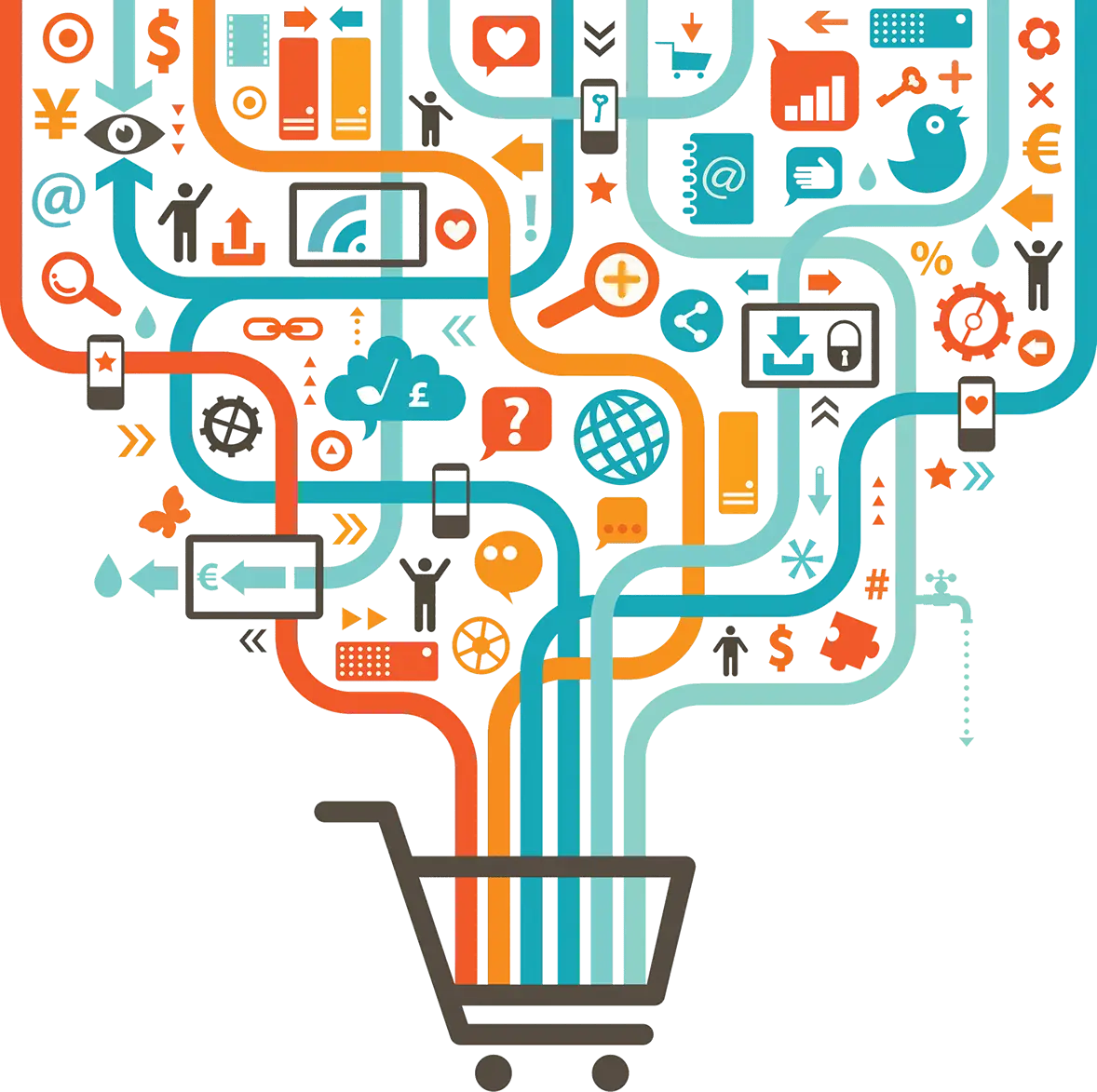 Shopping Cart with Digital Marketing Icons