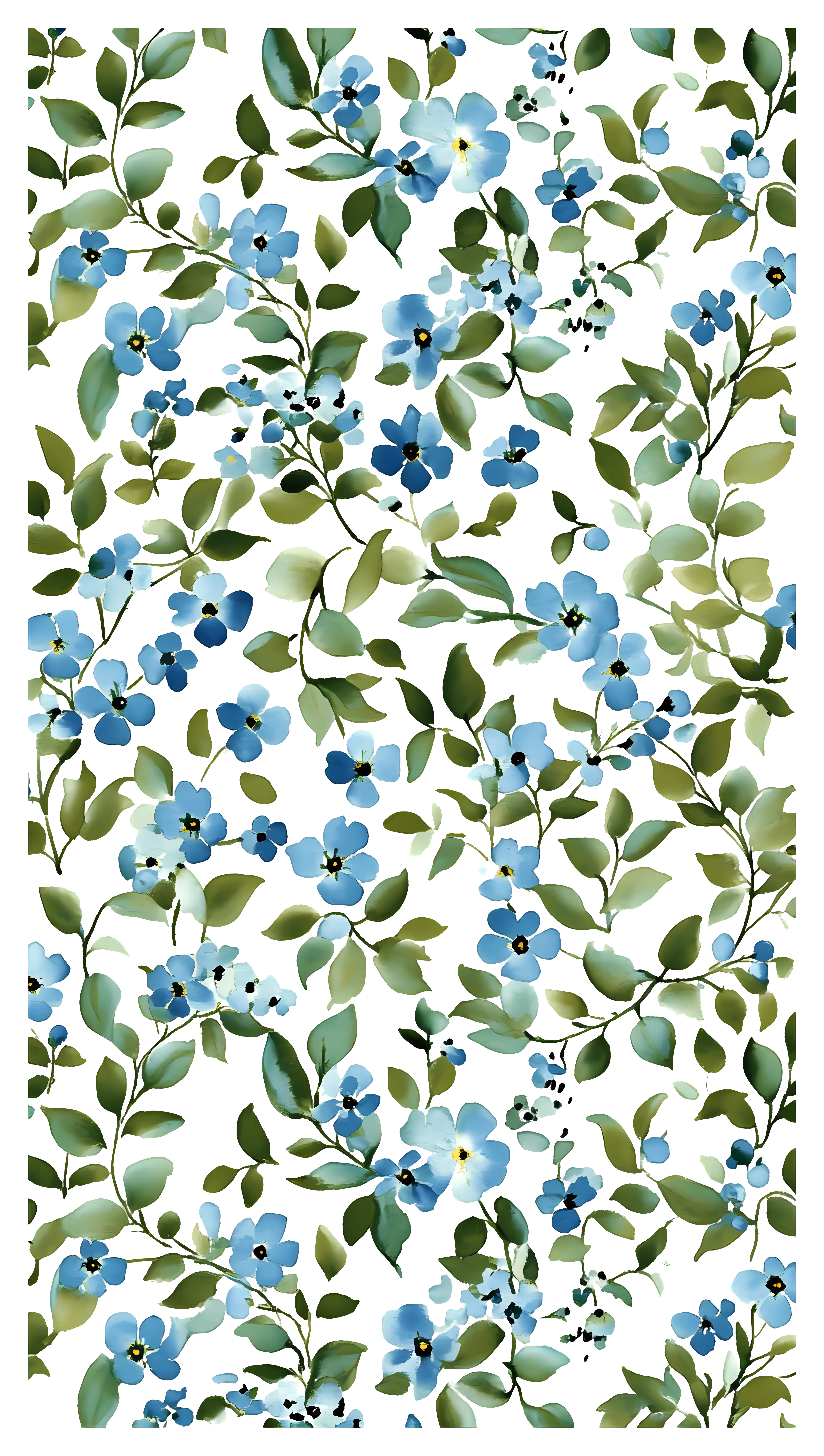 Blue Floral Pattern with Green Leaves
