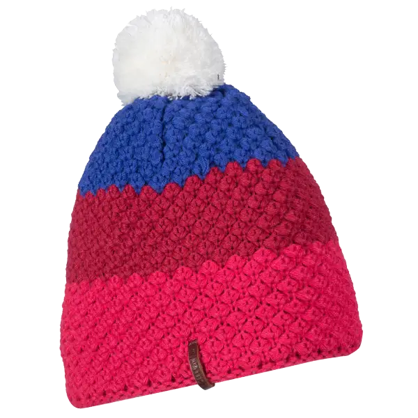 Red and Blue Knit Hat with Pom-Pom