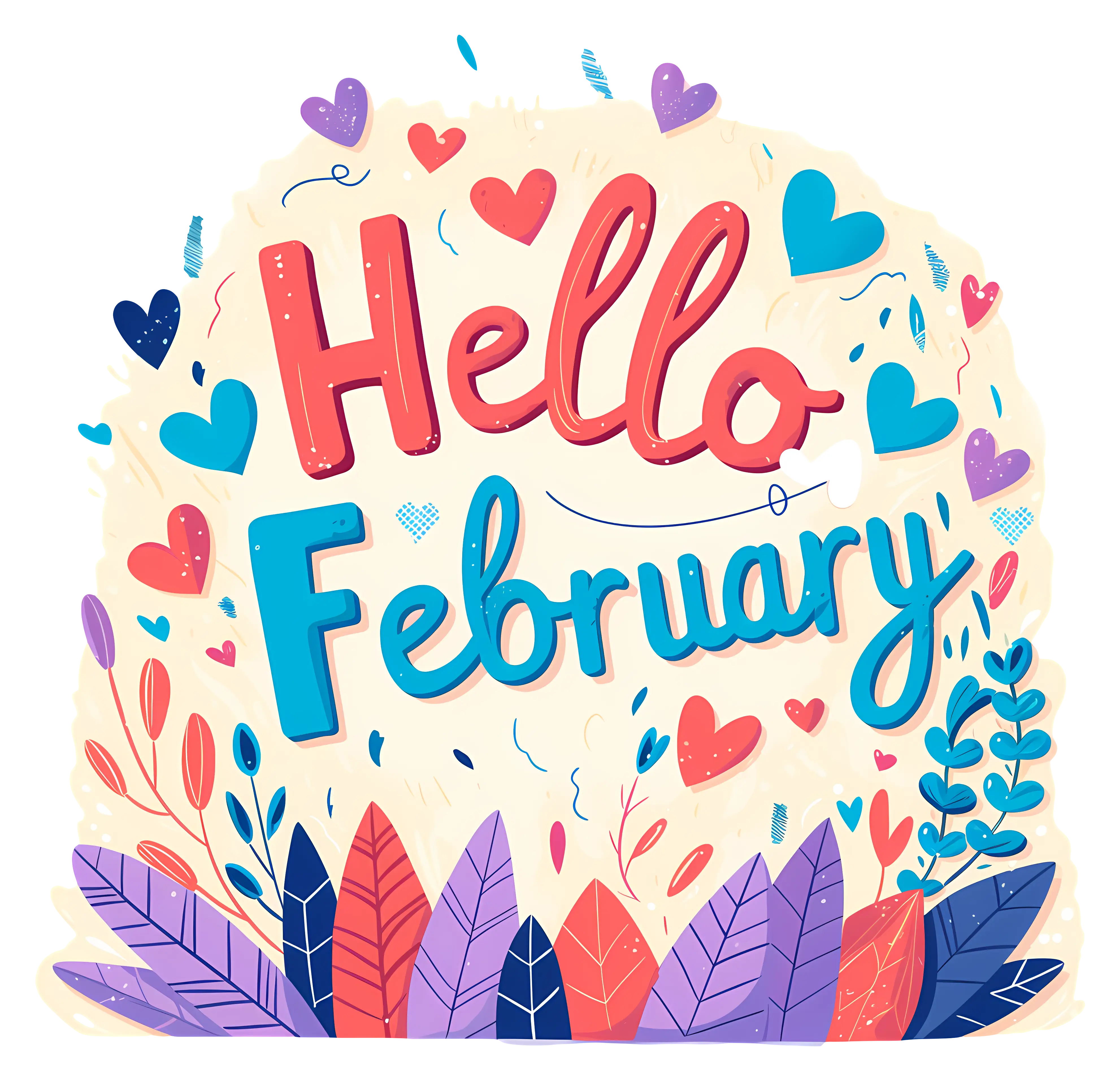 Hello February Illustration with Hearts and Flowers