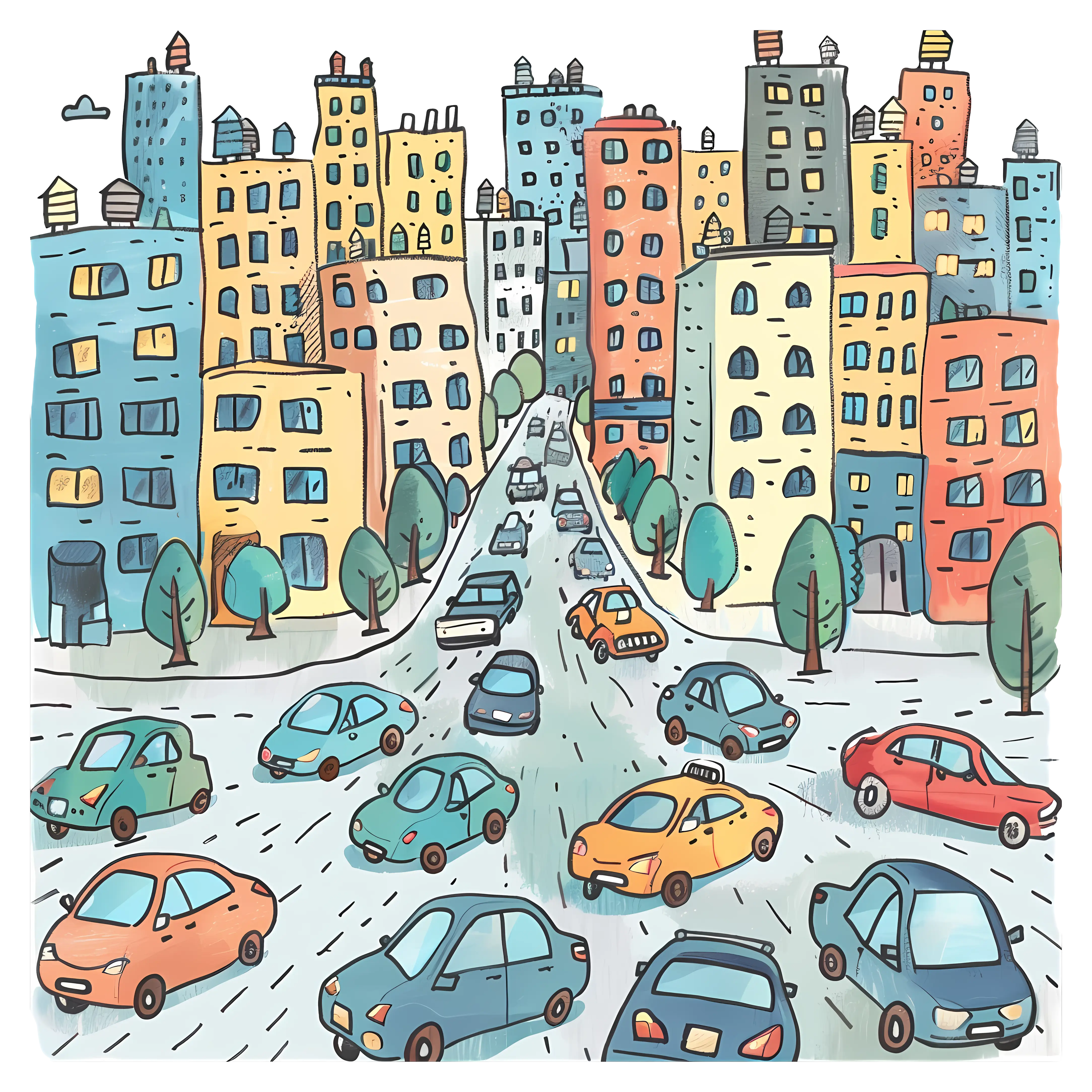 Colorful City Traffic and Buildings Illustration