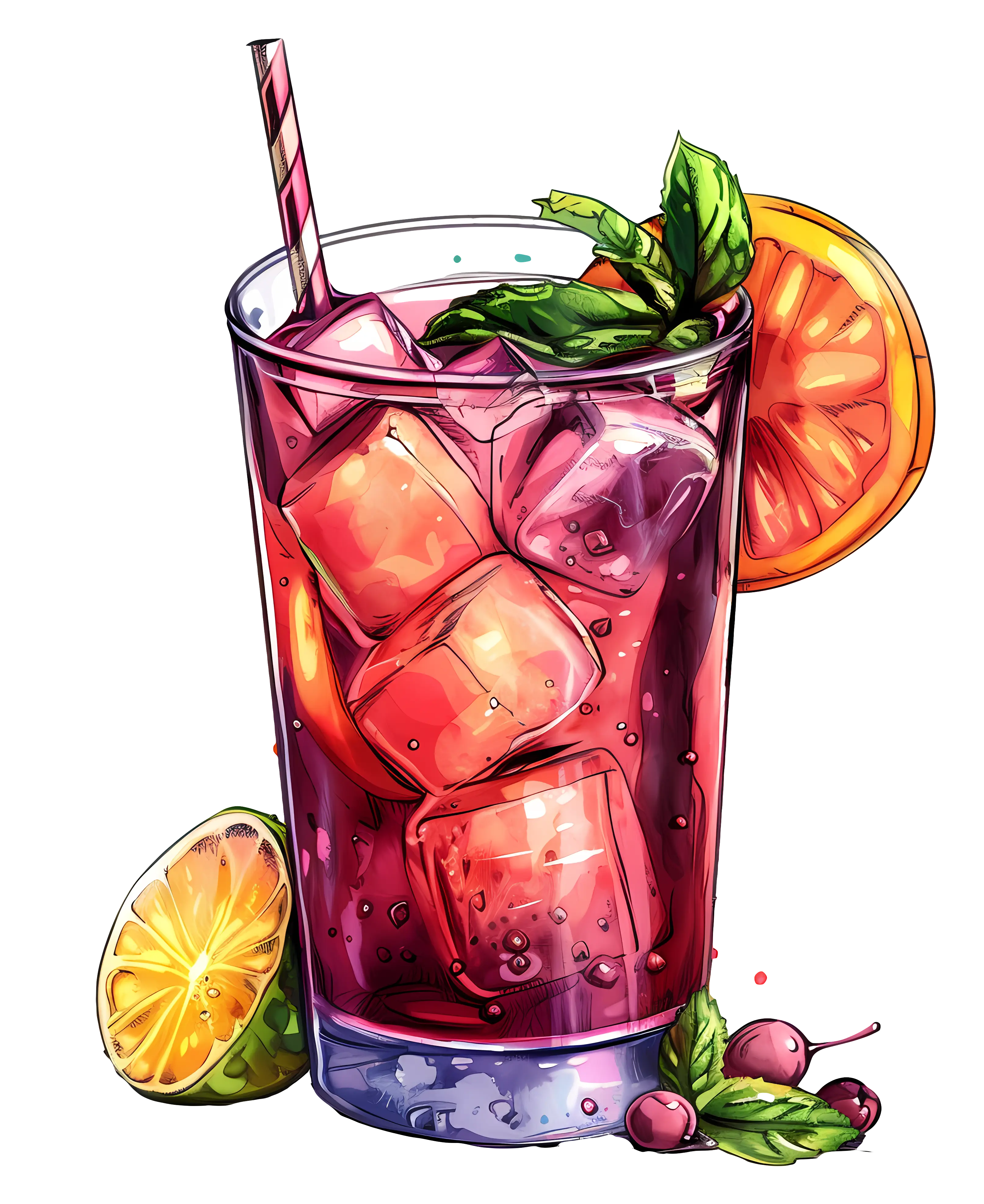 Refreshing Glass of Iced Berry Juice with Citrus and Mint