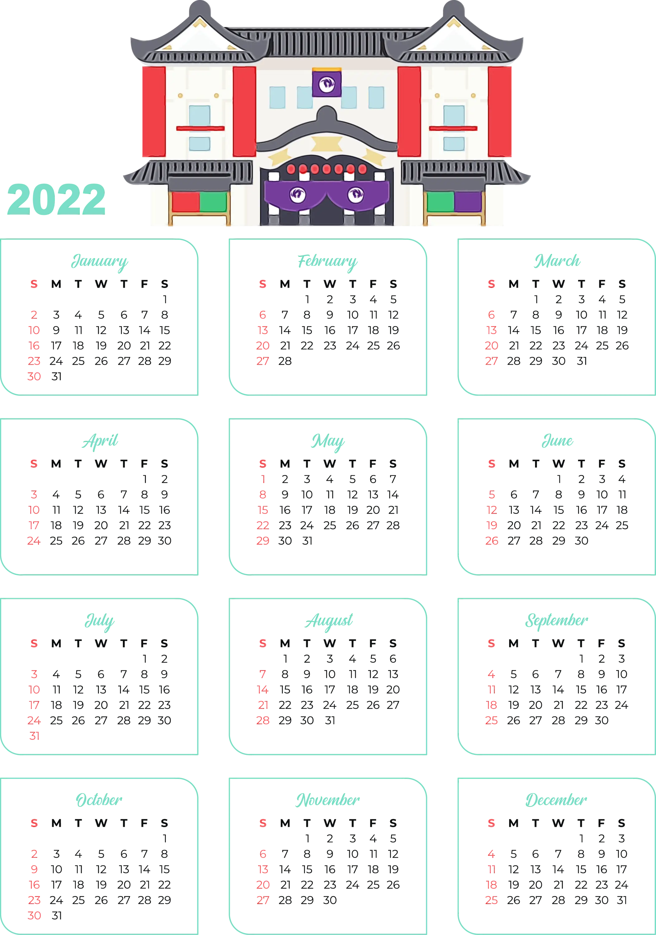2022 Calendar with Vibrant Temple Illustration