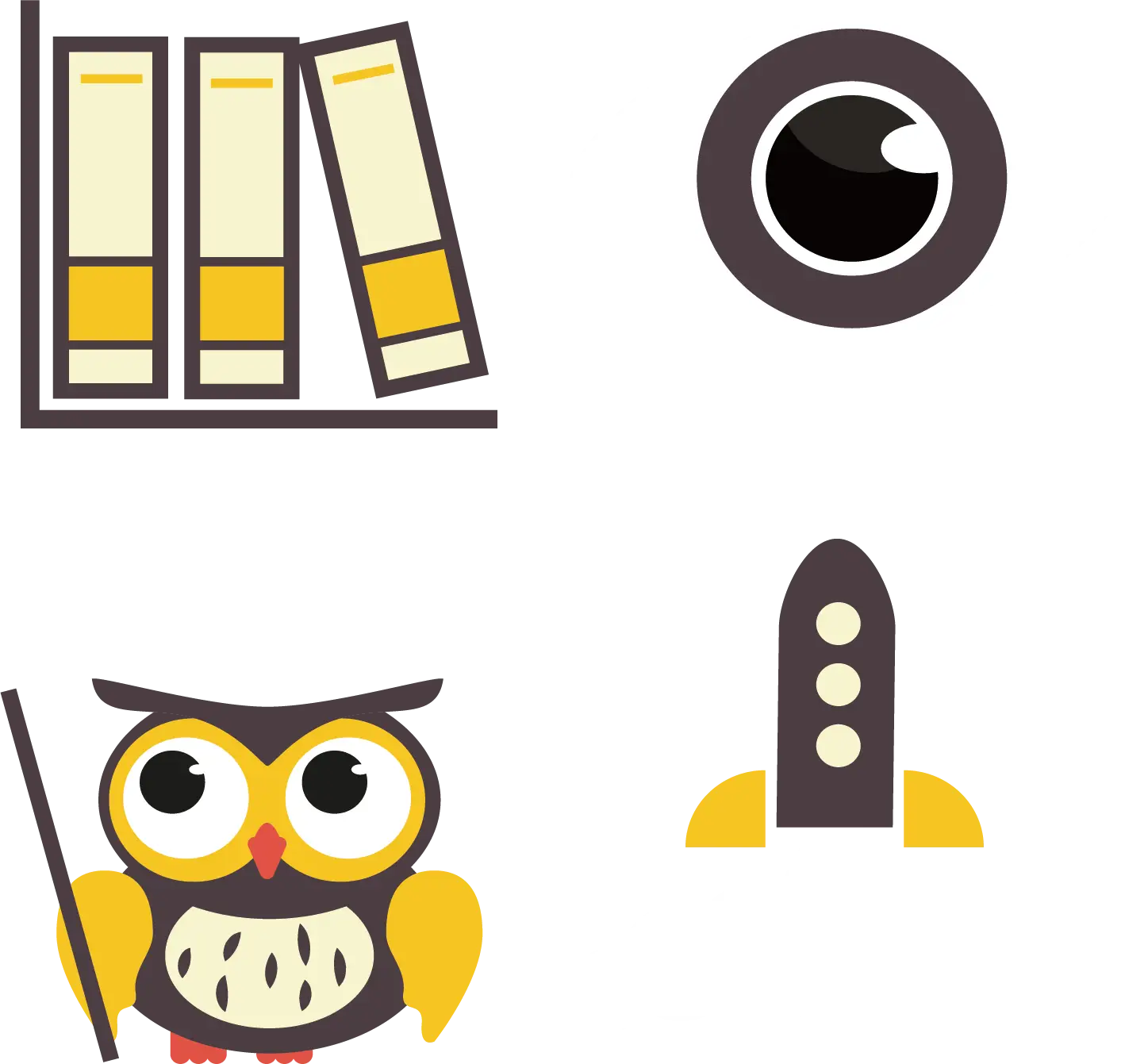Books and Owl with Rocket Illustration