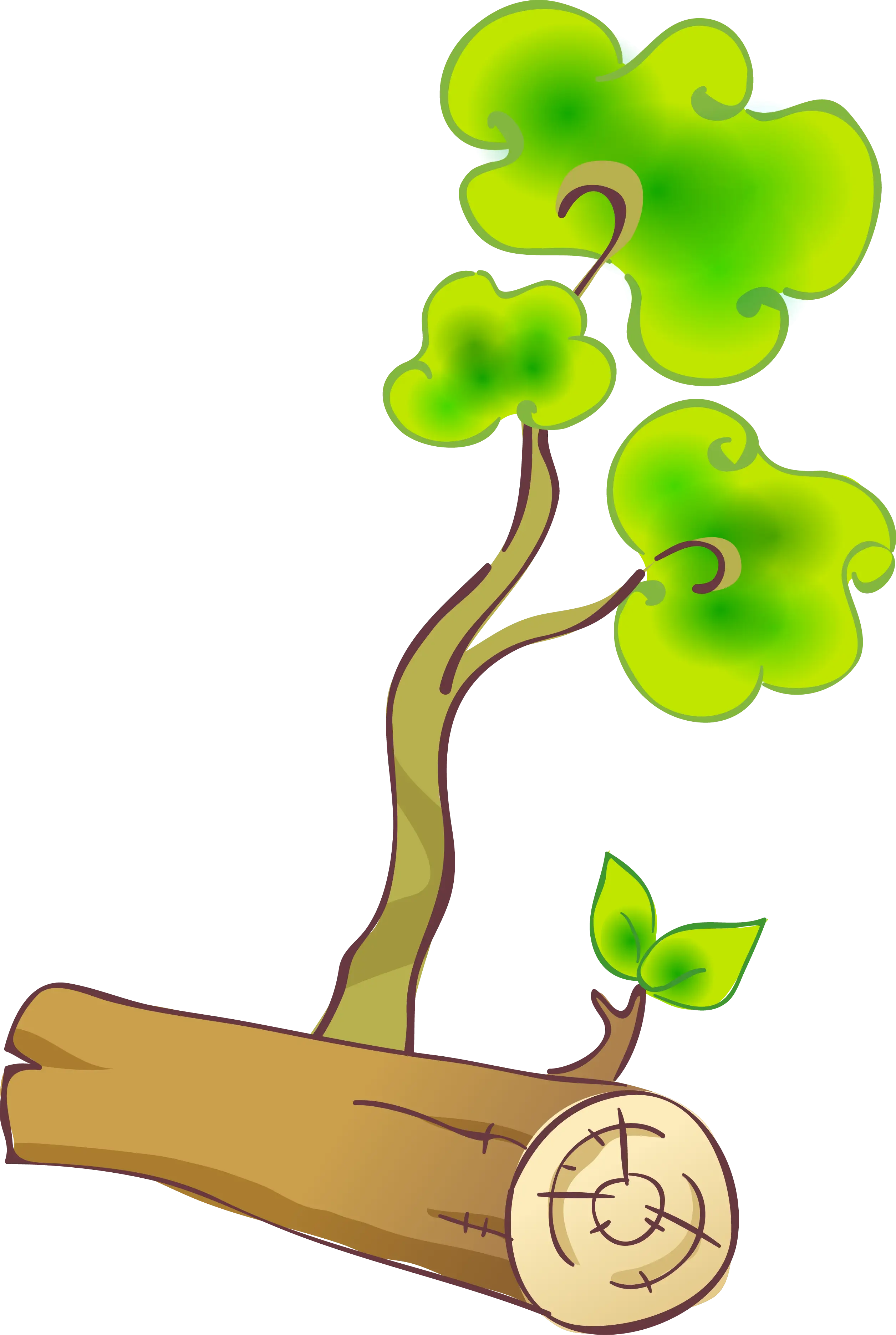 Cartoon Tree with Green Leaves Growing from Log
